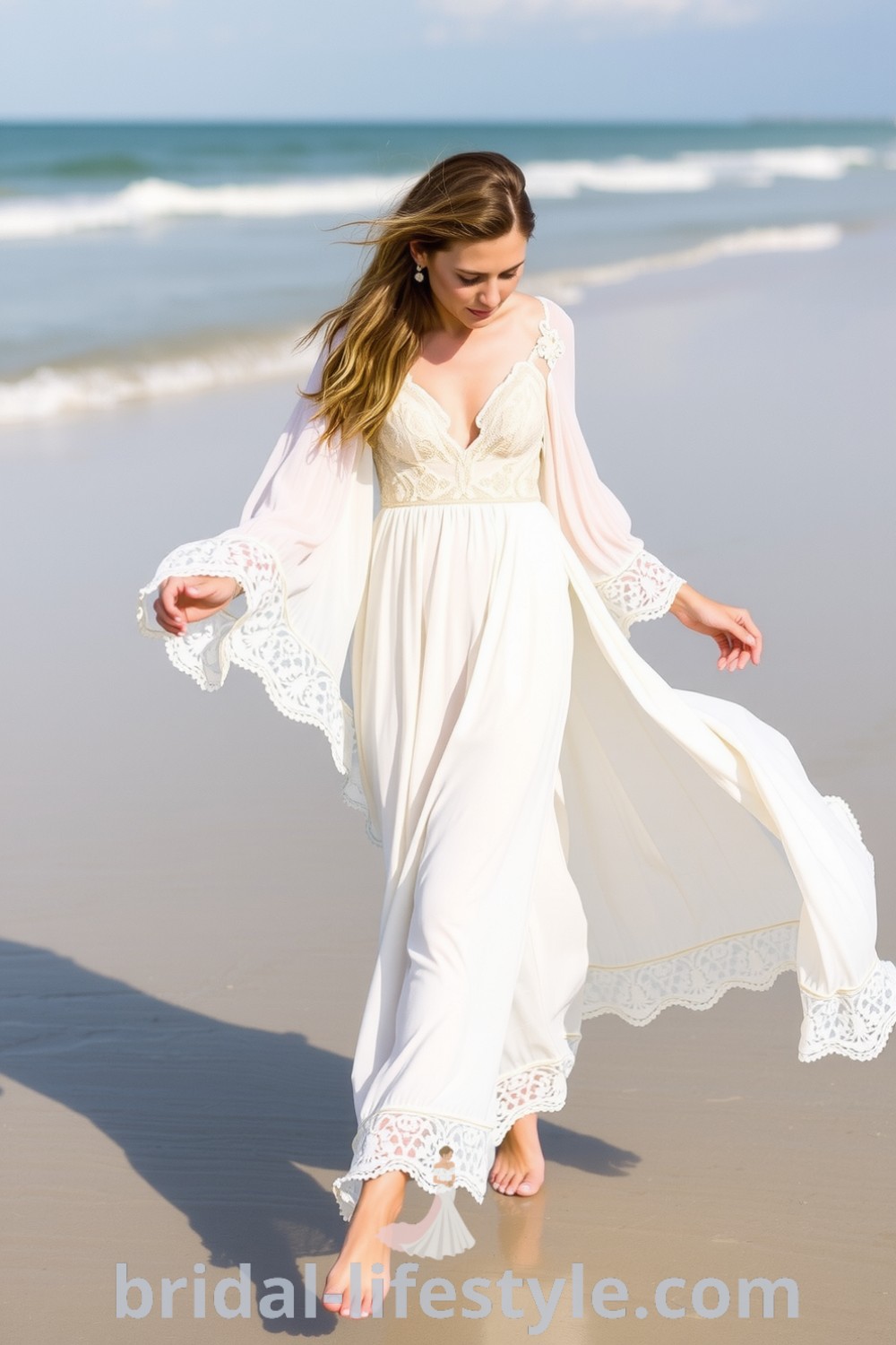 A stunning boho beach wedding dress in light lace with floral embroidery, featuring soft bell sleeves and an elegant silhouette suited for dreamy brides. bridal-lifestyle.com