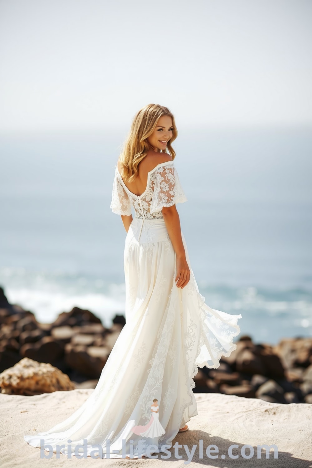 A boho beach wedding dress with flowy lace, off-the-shoulder sleeves, a flowing skirt, and intricate floral patterns. bridal-lifestyle.com