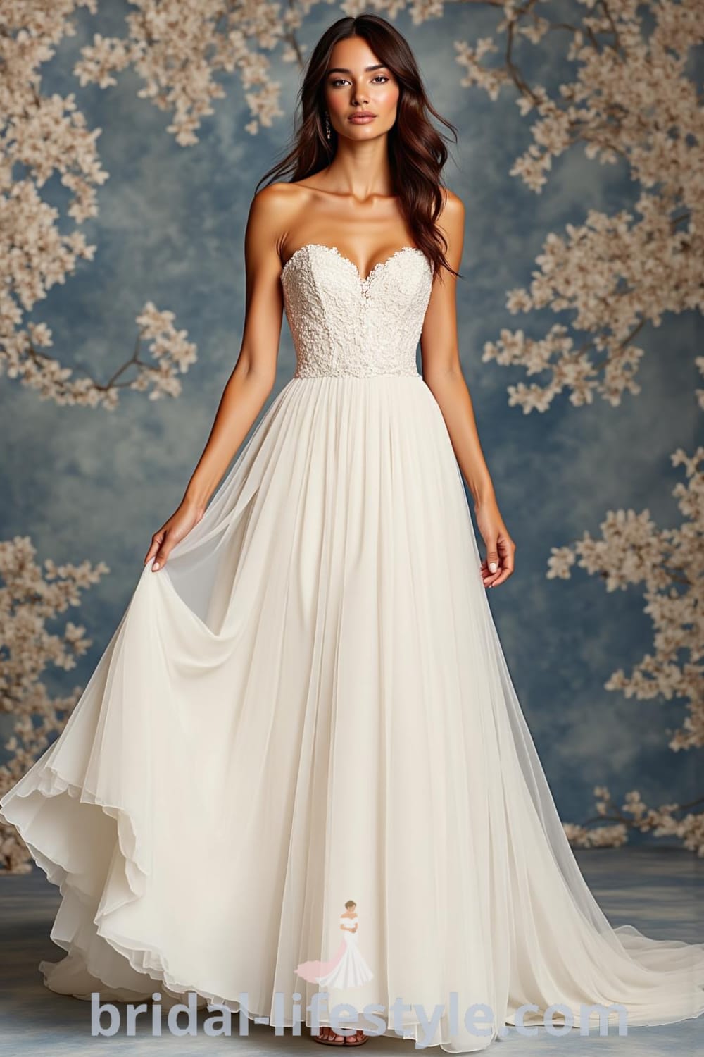 A-line wedding dress with sleek satin bodice, flowing tulle skirt, subtle sweetheart neckline, and minimalistic beading. bridal-lifestyle.com