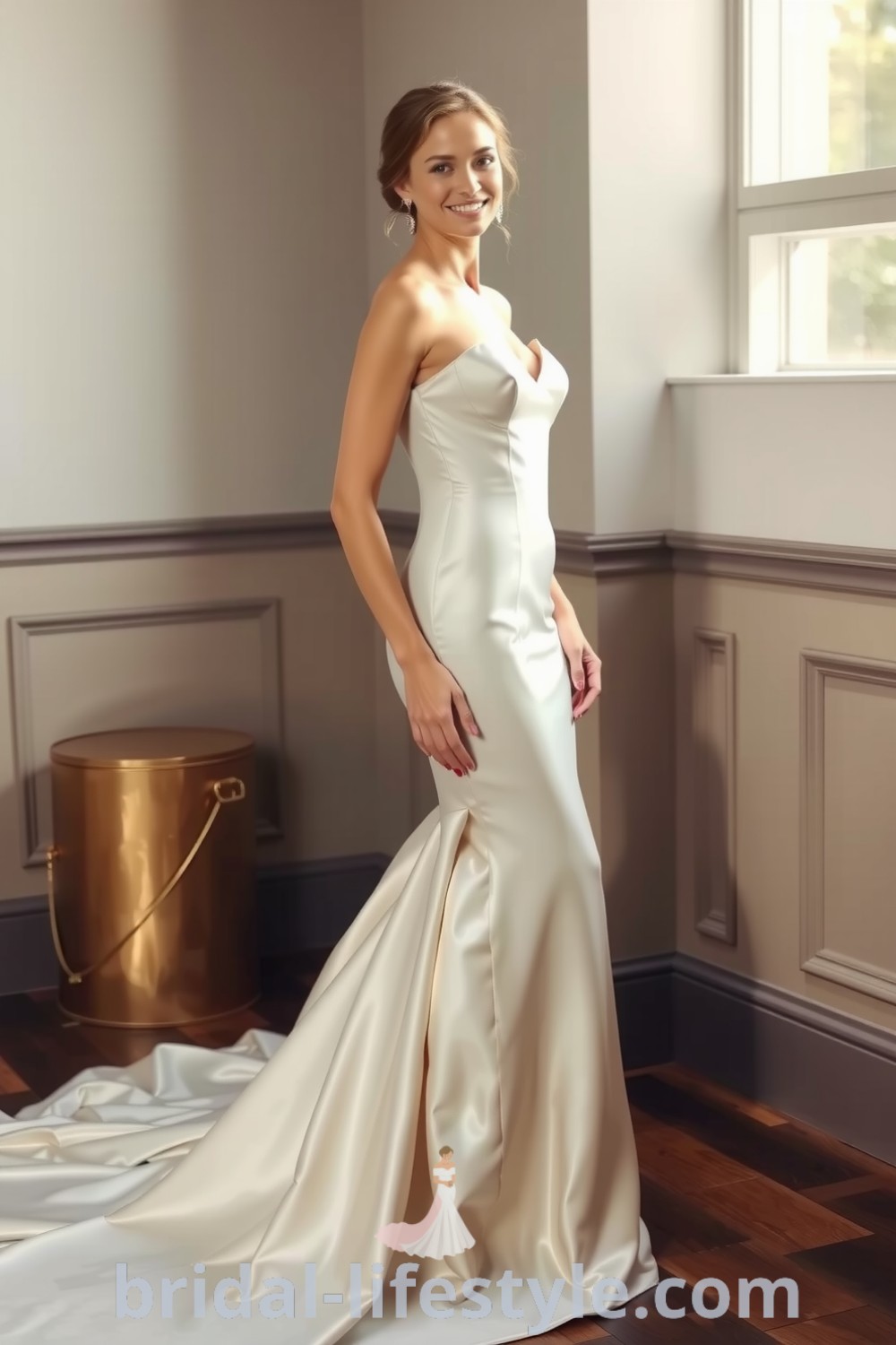 A bride in an elegant mermaid satin wedding dress that flatters her curves, featuring a graceful flare below the knees. bridal-lifestyle.com