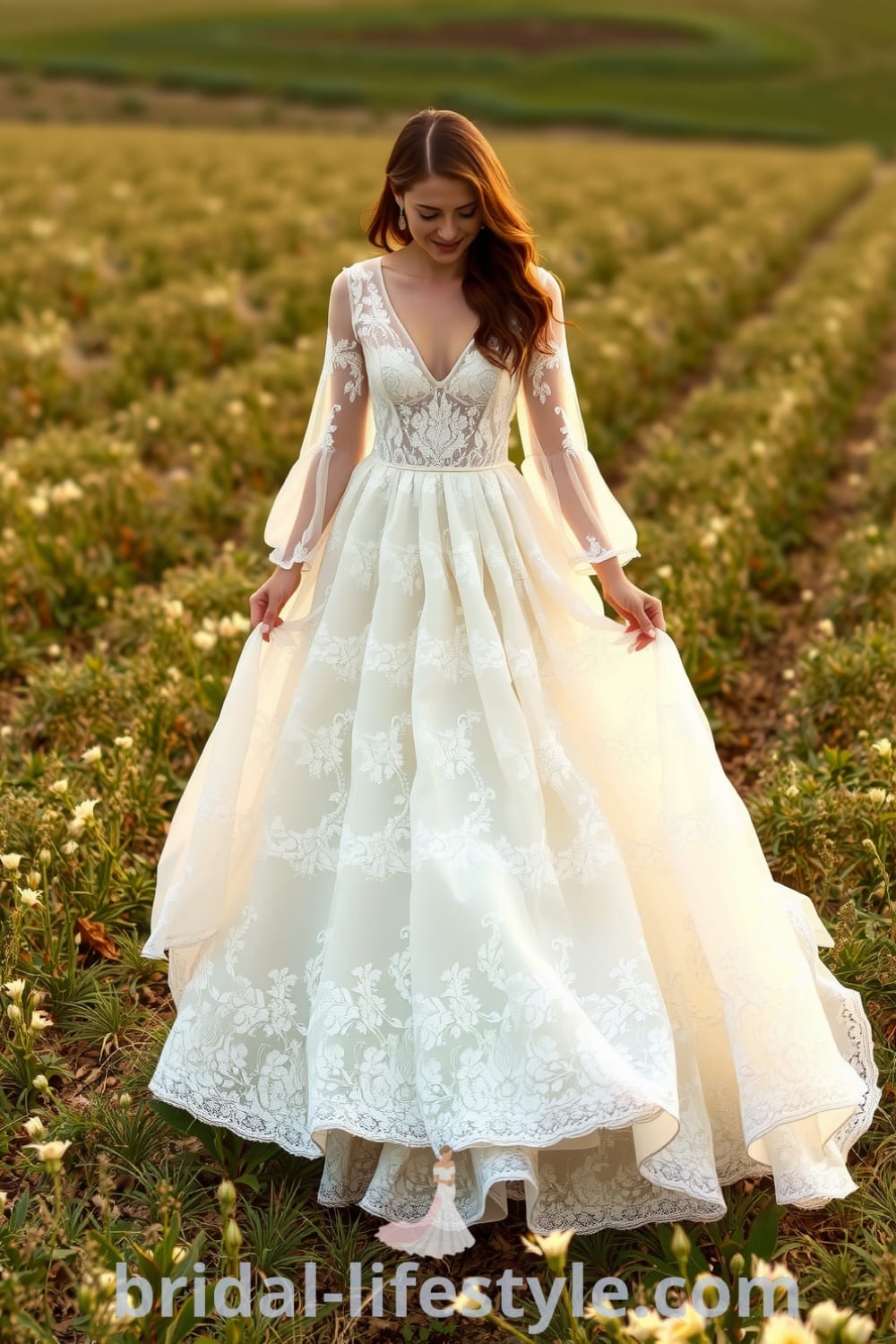 A stunning boho wedding dress featuring soft lace, intricate floral embroidery, and flowing chiffon sleeves, creating an ethereal silhouette. bridal-lifestyle.com