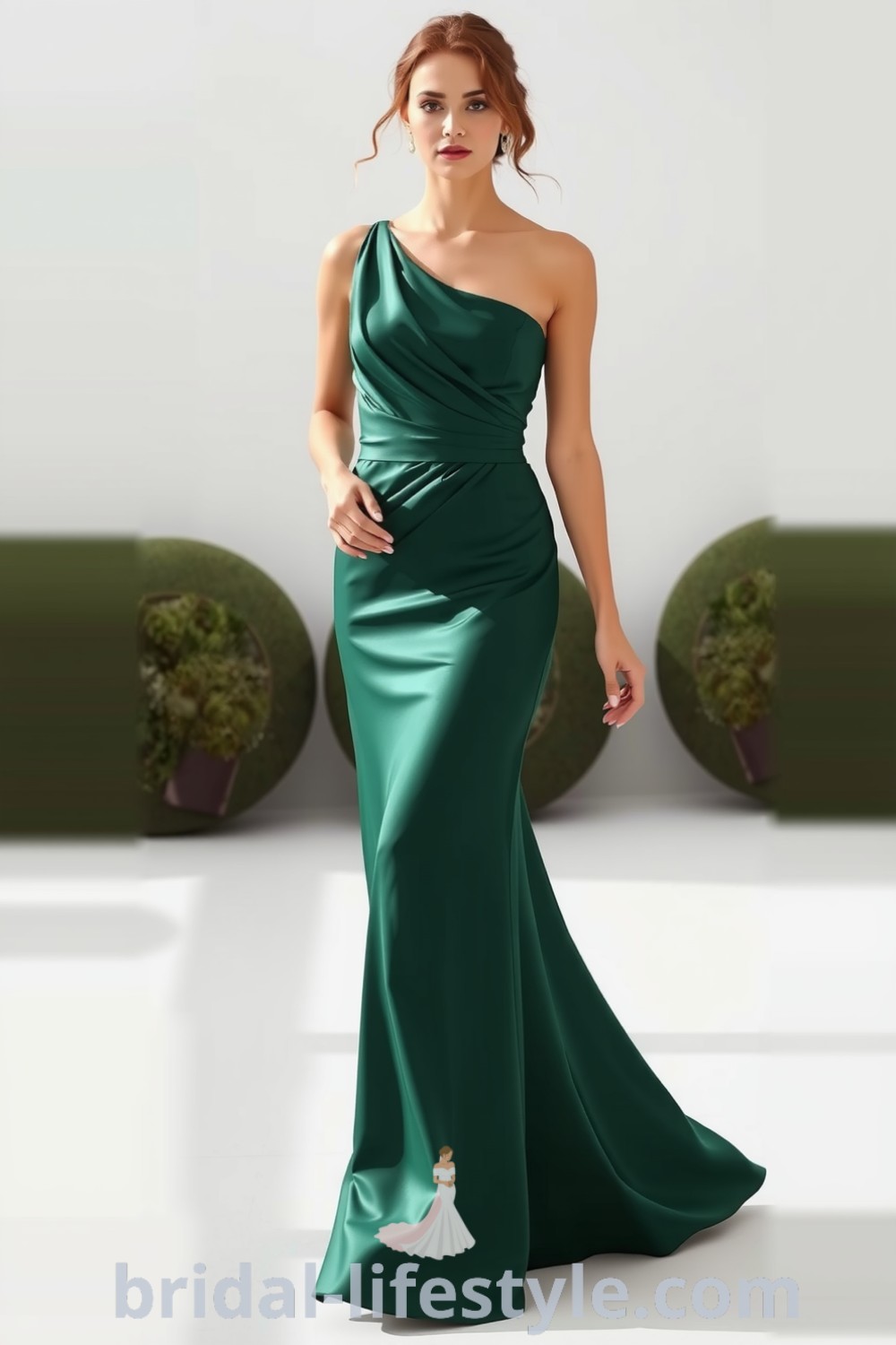 One-shoulder emerald bridesmaid dress made of silky satin with a draped bodice and floor-length skirt. Elegant and dreamy design perfect for weddings. bridal-lifestyle.com