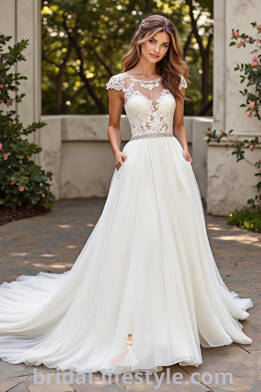 A-line wedding dress with lace overlay, silky satin skirt, sweetheart neckline, sequined embellishments, and covered buttons on the back. bridal-lifestyle.com