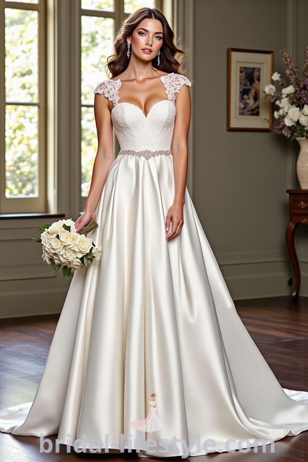 A-line wedding dress made of soft satin with cap sleeves featuring lace detailing, a pearl-enhanced waistband, and a flowing skirt that captures light. bridal-lifestyle.com