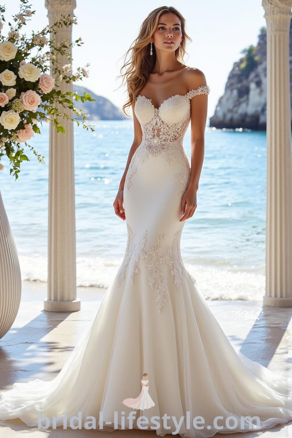 A mermaid wedding dress with satin fabric, lace appliqués, sweetheart neckline, and a delicate train, designed for an elegant and romantic bridal look. bridal-lifestyle.com