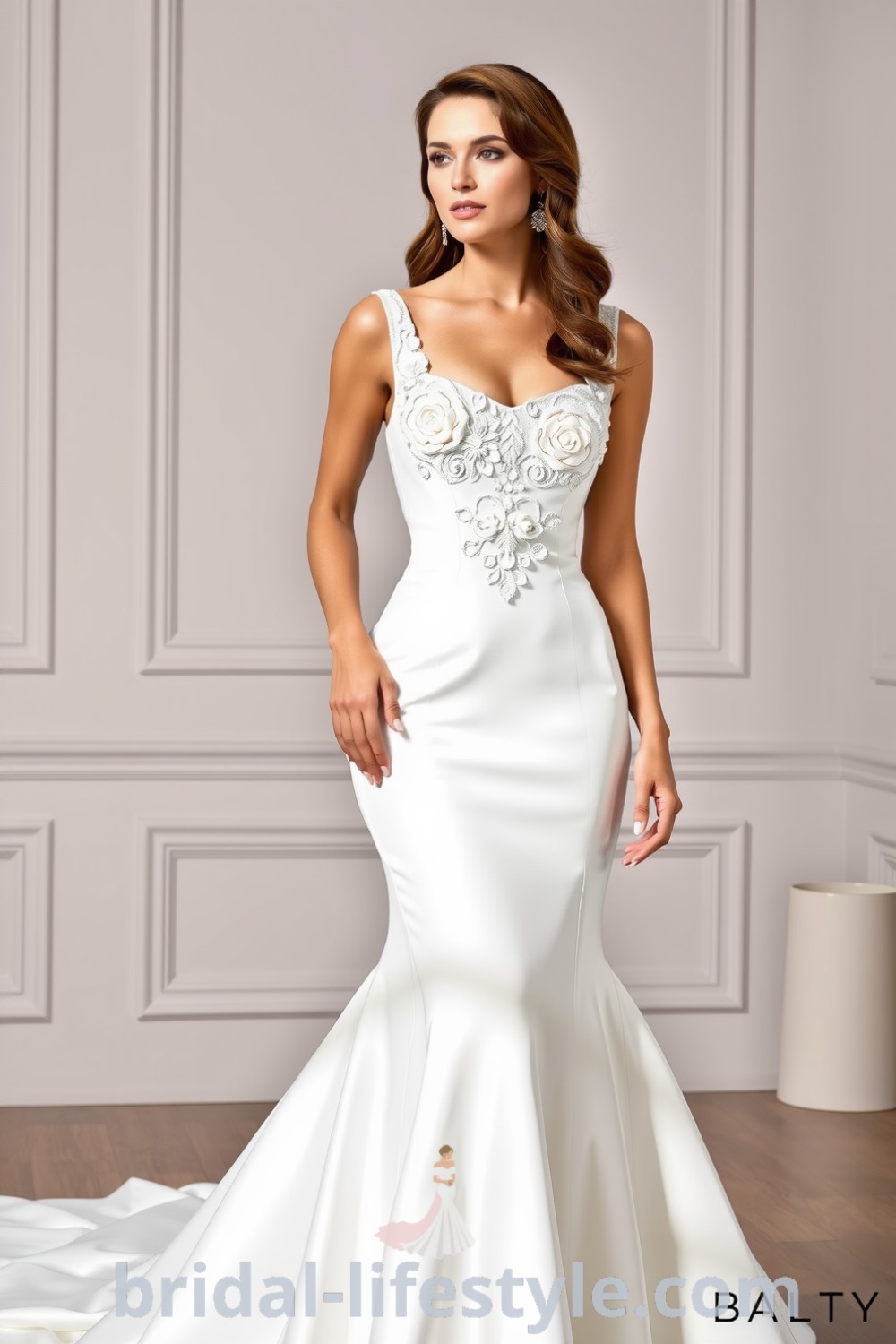 Elegant fit and flare wedding dress with a bold square neckline, luxurious satin fabric, sculpted skirt, and intricate lace appliqués, perfect inspiration for dreamy brides. bridal-lifestyle.com