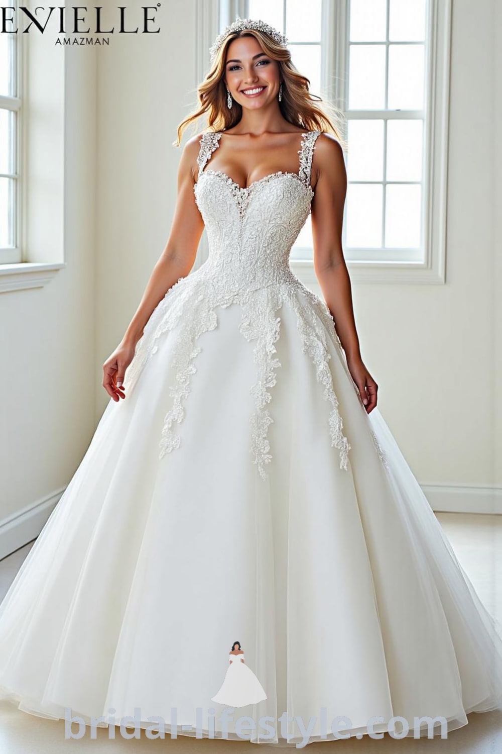Dazzling wedding dress with a full tulle skirt, fitted bodice adorned with sequins and lace, and a sweetheart neckline, perfect for a magical celebration. bridal-lifestyle.com