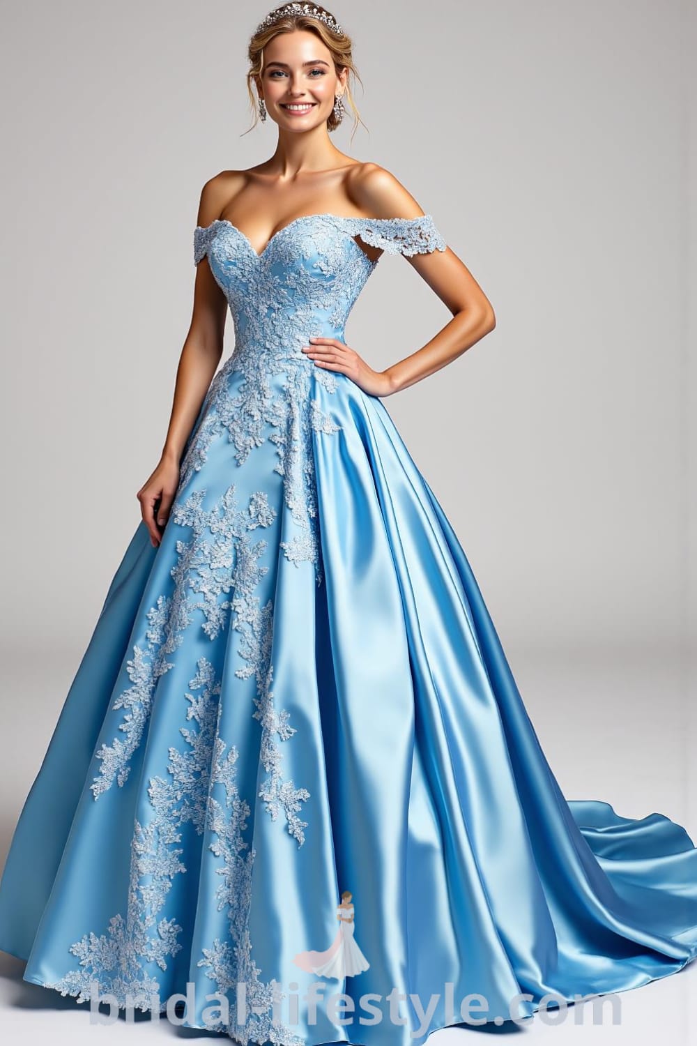 Princess Blue wedding dress with a regal ball gown silhouette, fitted bodice adorned with lace appliqués, voluminous satin skirt, off-the-shoulder neckline, and sweeping train. bridal-lifestyle.com