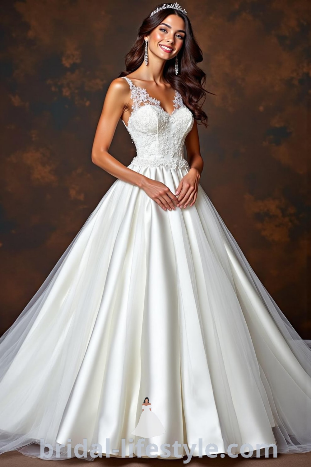 Princess Classy wedding dress with satin bodice, voluminous tulle skirt, lace detailing along the neckline and hem, and cinched waistline for a flattering silhouette. bridal-lifestyle.com