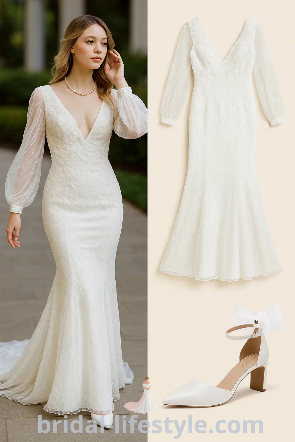 elegant mermaid tail wedding dress with lace, long sleeves, and deep V-neck, complemented by white pointed toe heels with ankle straps and bows, pearl necklace, perfect for weddings and special occasions, featured on pinshoesoutfits.com
