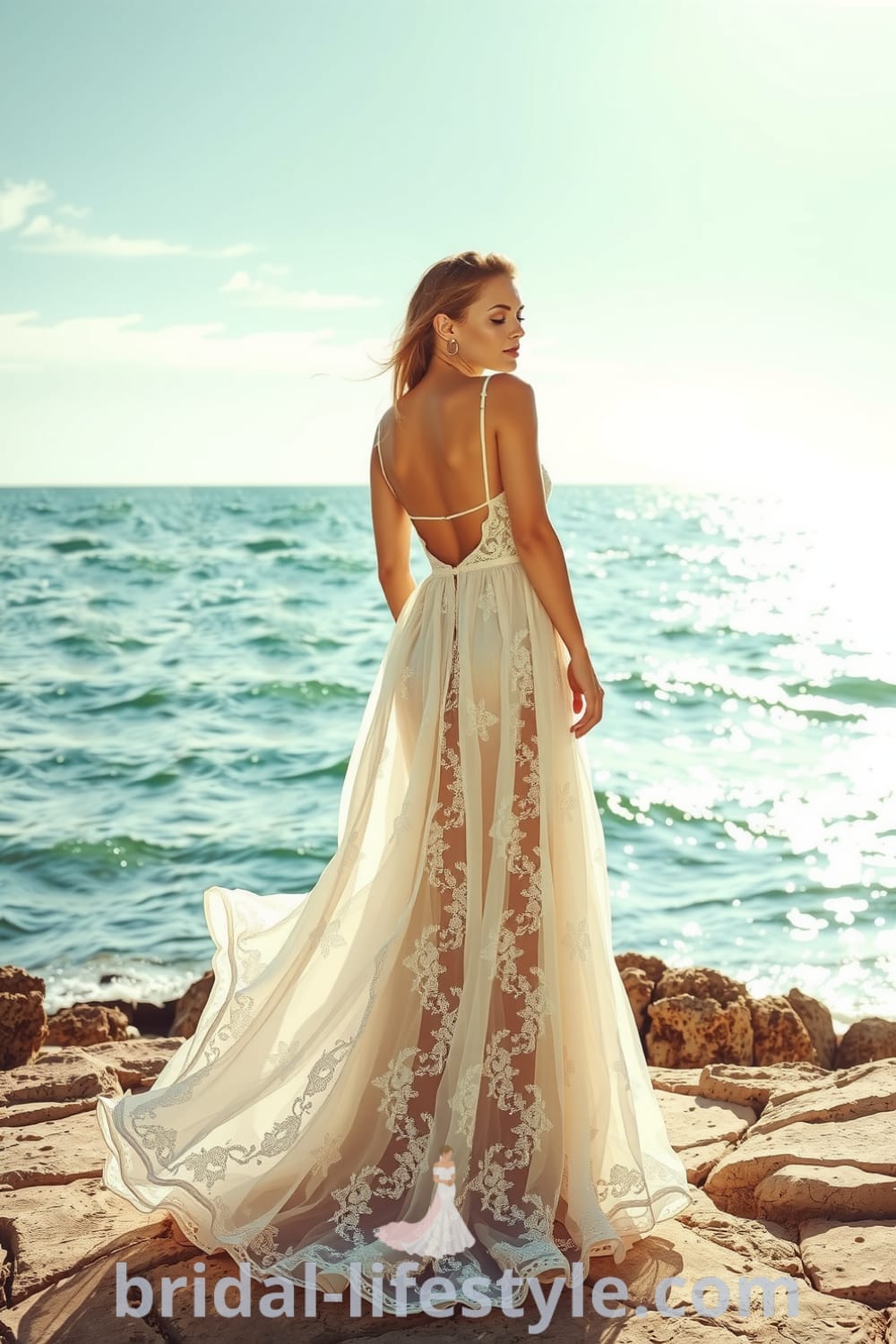 Stunning boho beach wedding dress with A-line silhouette, flowing chiffon, intricate lace overlays, and floral embroidery, featuring a deep scoop back and adjustable spaghetti straps. bridal-lifestyle.com