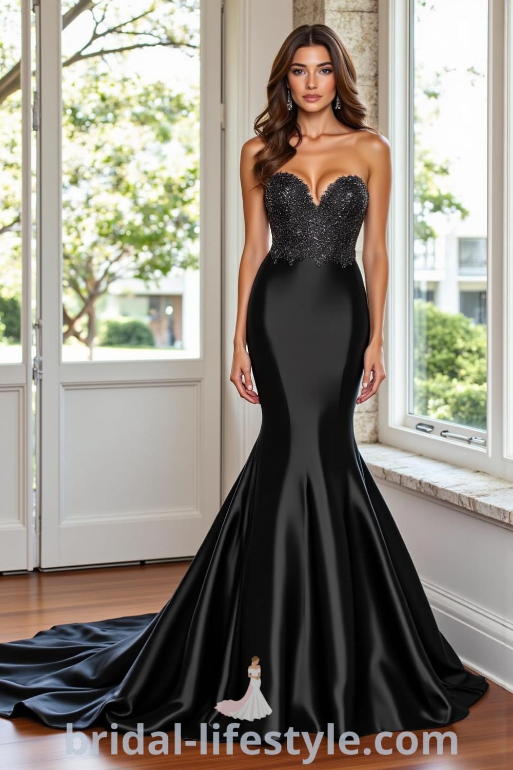 Black mermaid wedding dress made of luxurious satin with illusion sweetheart neckline, intricate lace appliqués, flared hem, and dramatic train. pinshoesoutfits.com