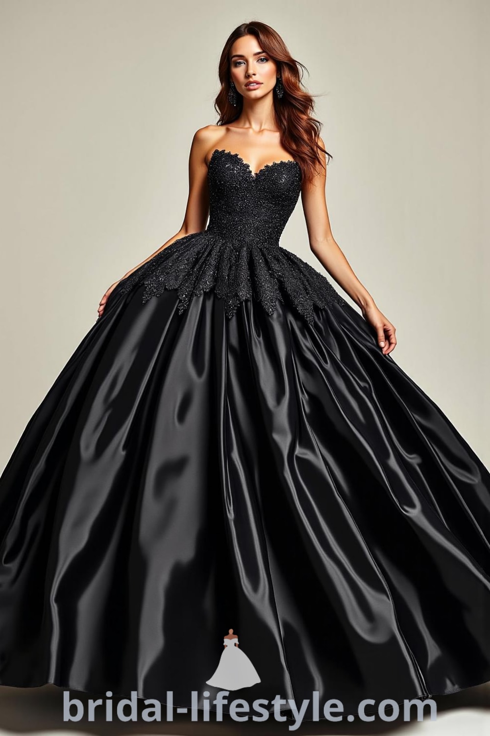 Elegant black satin ball gown wedding dress with intricate lace appliqués on the bodice and a flowing skirt, perfect for a modern bride. bridal-lifestyle.com