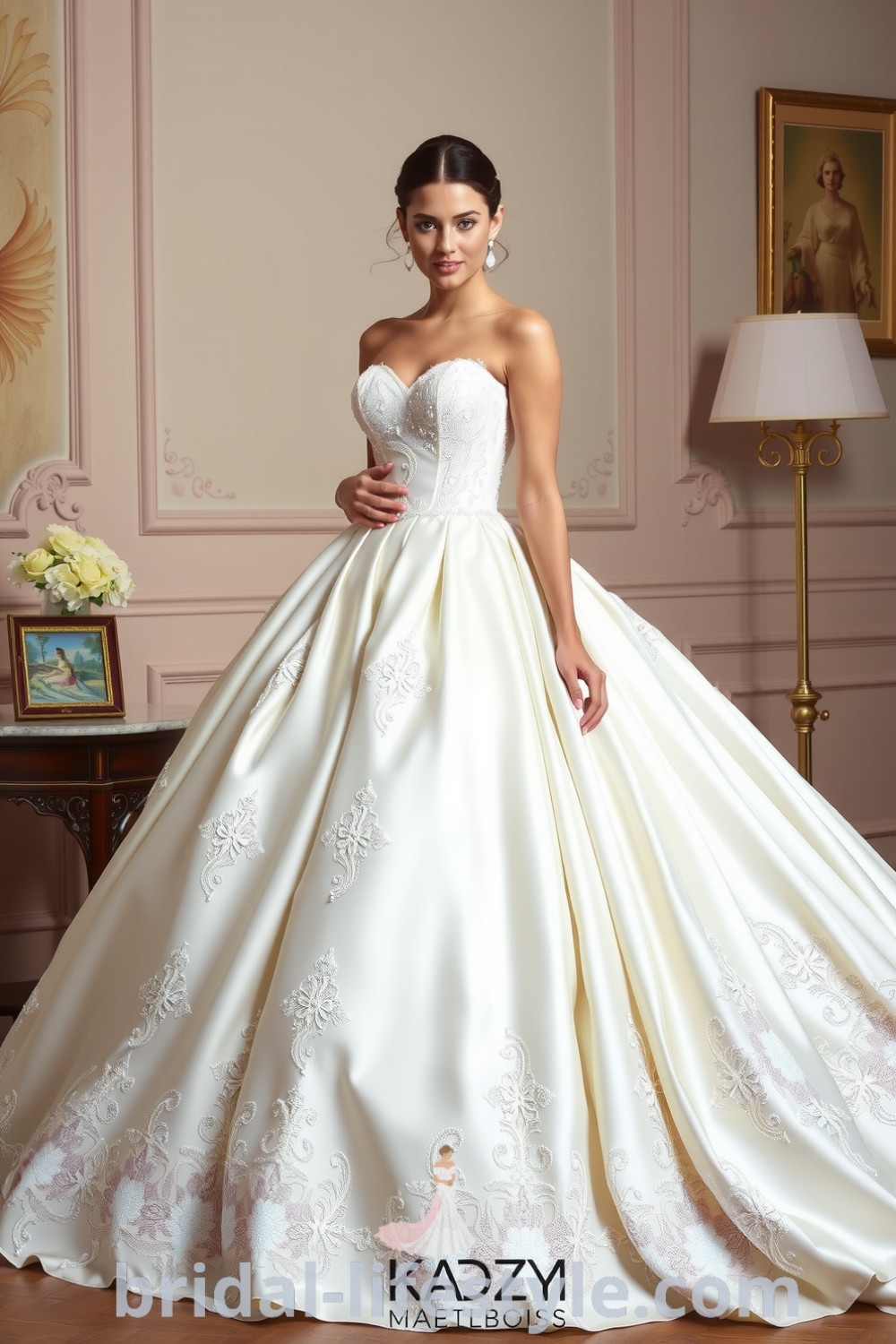 Exquisite princess ballgown featuring a voluminous satin skirt, intricate lace appliqués, and a fitted beaded bodice for the perfect romantic and elegant look. bridal-lifestyle.com