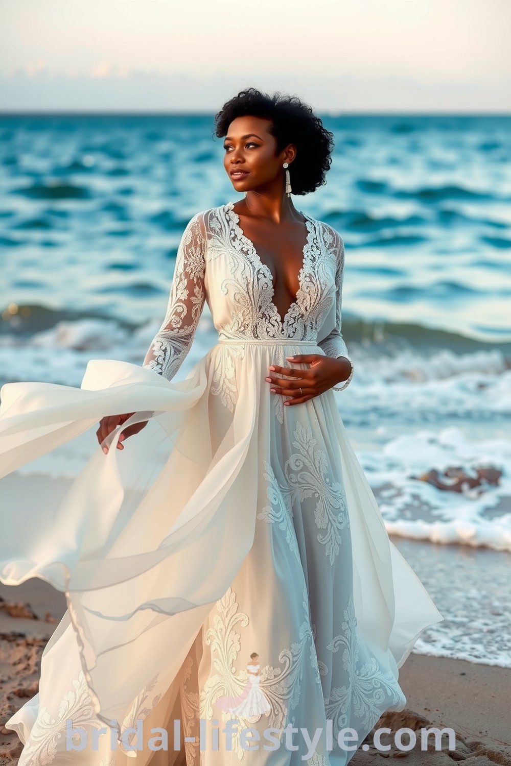 Elegant boho beach wedding dress with flowing chiffon, deep V-neckline, lace sleeves, and intricate floral pattern, ideal for dreamy brides on their special day. bridal-lifestyle.com