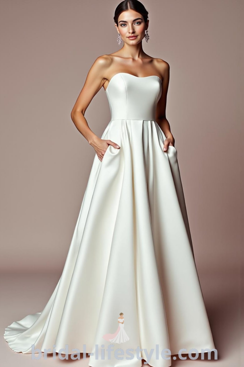 Elegant minimalist wedding dress in smooth satin with a fitted bodice, flowing skirt, delicate square neckline, and subtle train. bridal-lifestyle.com