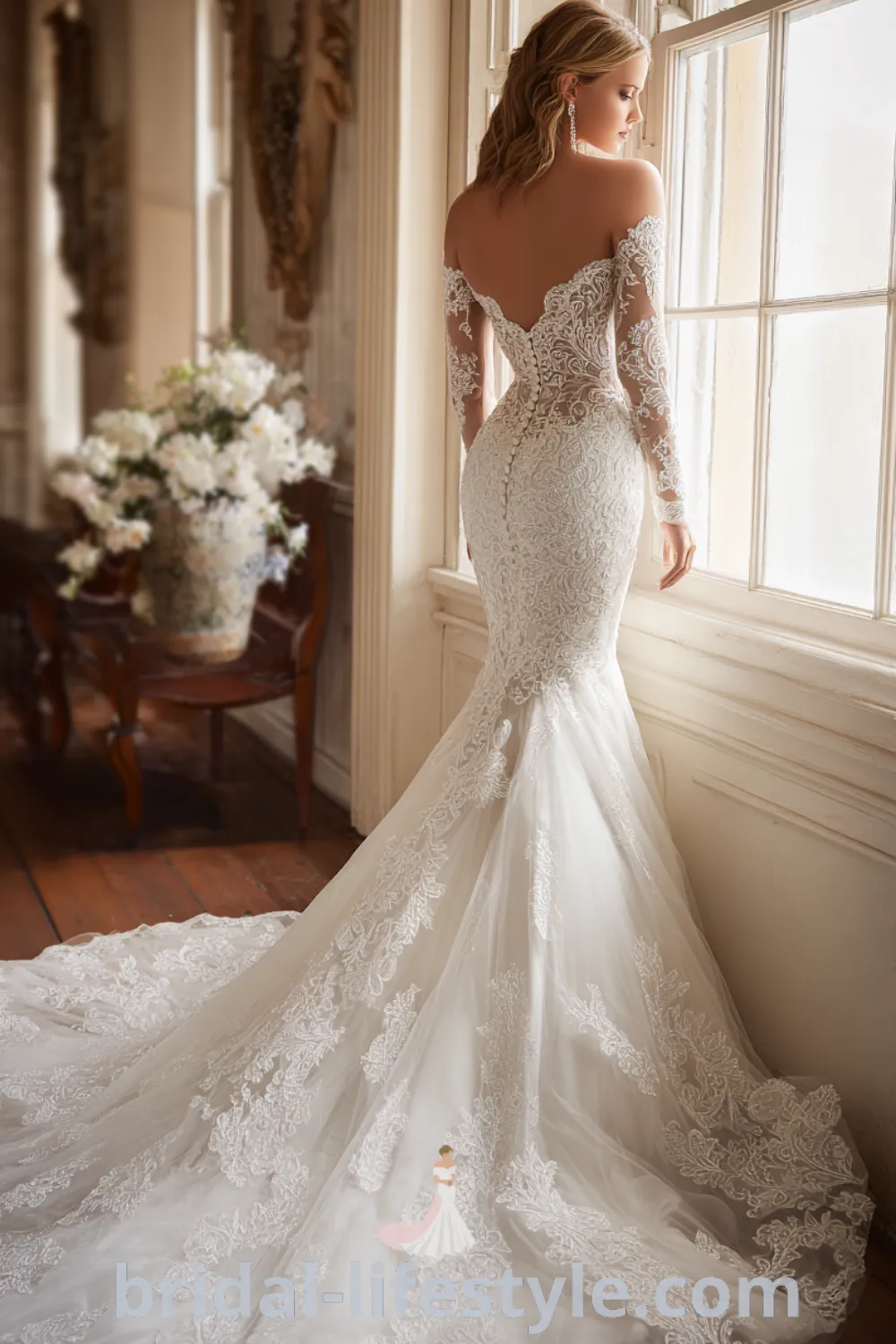 Mermaid lace wedding dress with sweetheart neckline, long illusion lace sleeves, grand ballroom wedding, fitted lace bridal gown.