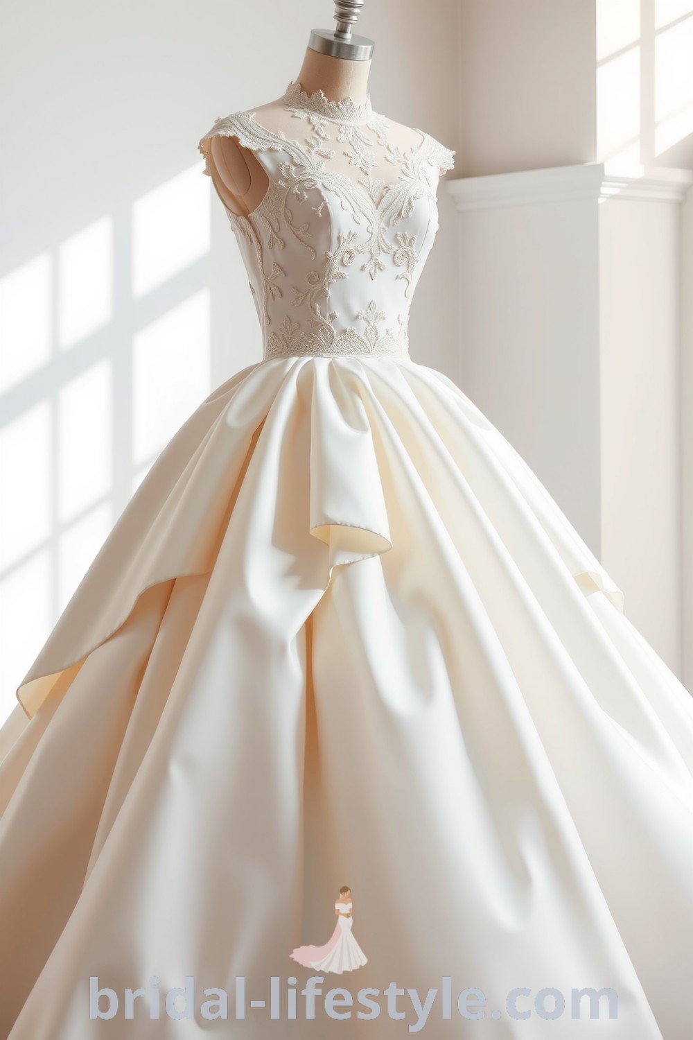 Elegant princess-style wedding dress with luxurious satin layers, intricate lace detailing, and a voluminous skirt perfect for dreamy brides. bridal-lifestyle.com