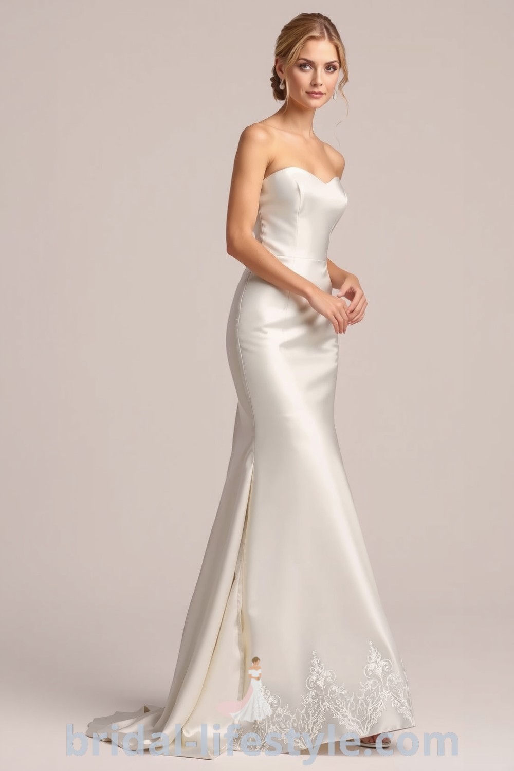 Elegant fit and flare satin wedding dress with sweetheart neckline and delicate lace trim, showcasing an hourglass silhouette, perfect for a romantic ceremony. bridal-lifestyle.com