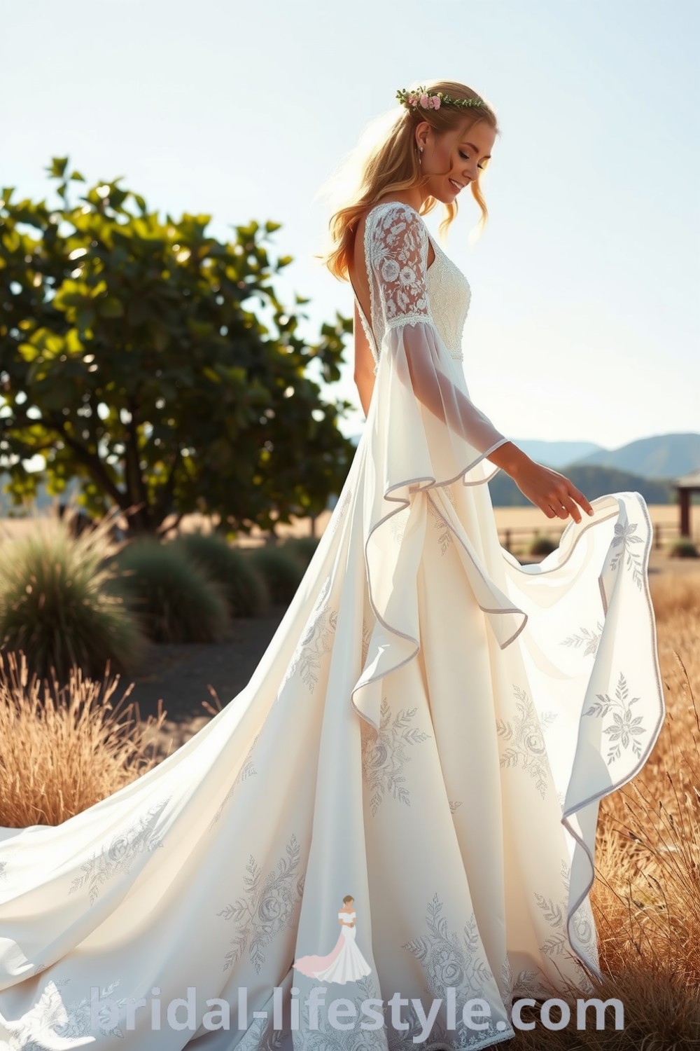 Boho wedding gown with lace overlays, bell sleeves, and floral embroidery, featuring soft satin lining. bridal-lifestyle.com