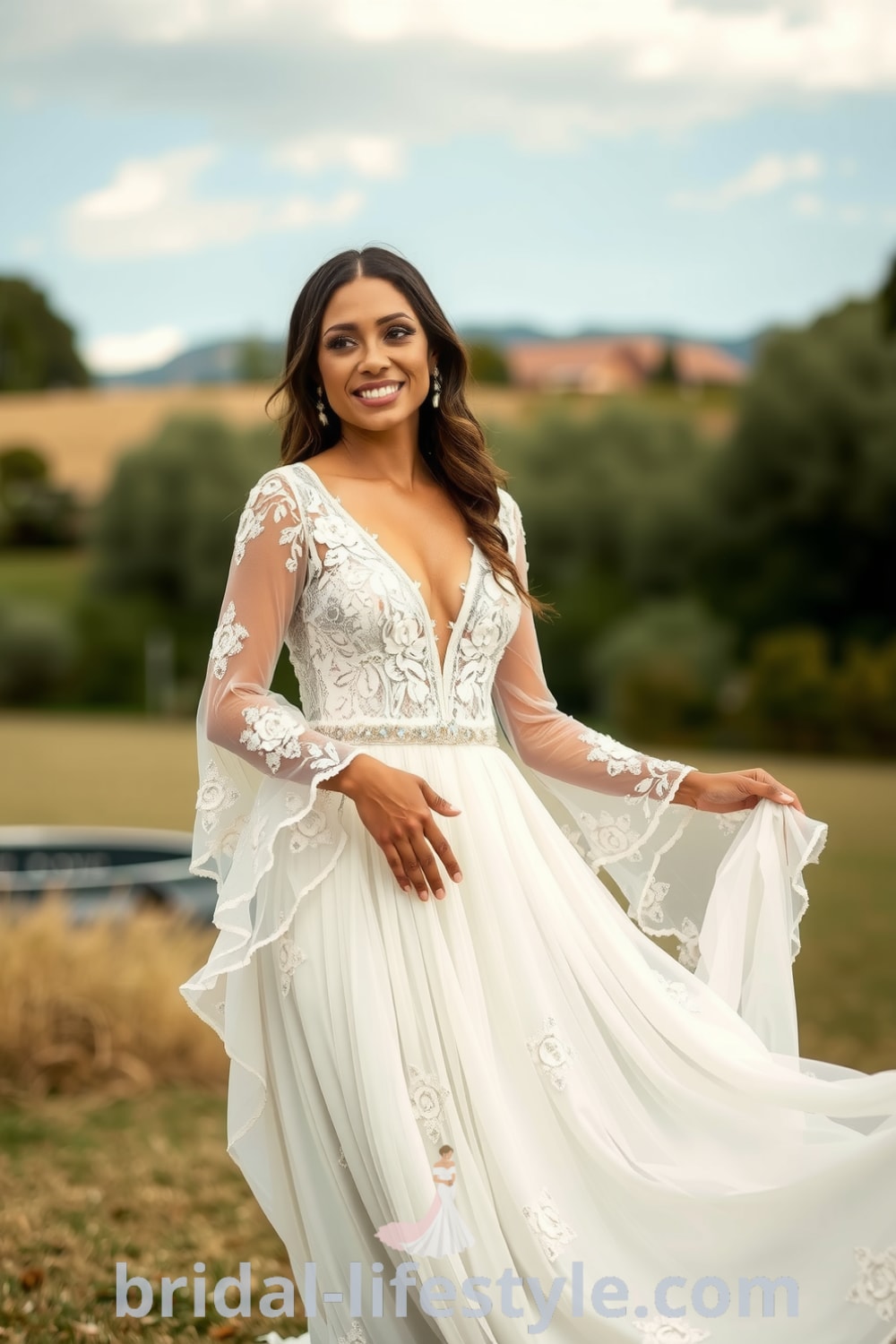 A beautiful bride wearing a bohemian wedding dress made of ivory lace and chiffon, featuring floral appliqués, a deep V-neckline, and bell sleeves for a rustic outdoor ceremony. bridal-lifestyle.com