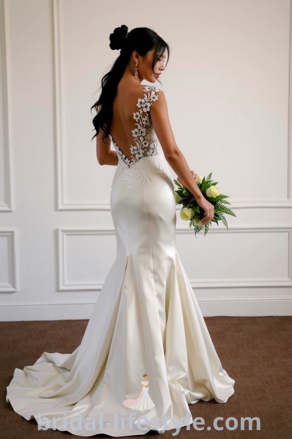 Fit and flare wedding dress with a sweetheart neckline, open back, satin fabric, and lace appliqués, showcasing a beautiful train. bridal-lifestyle.com