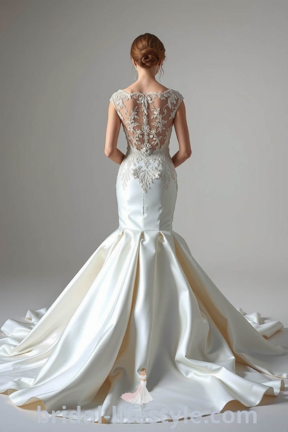 A stunning white mermaid wedding dress made from luxurious satin, featuring intricate lace detailing and a dramatic open back, perfect for dreamy brides. bridal-lifestyle.com