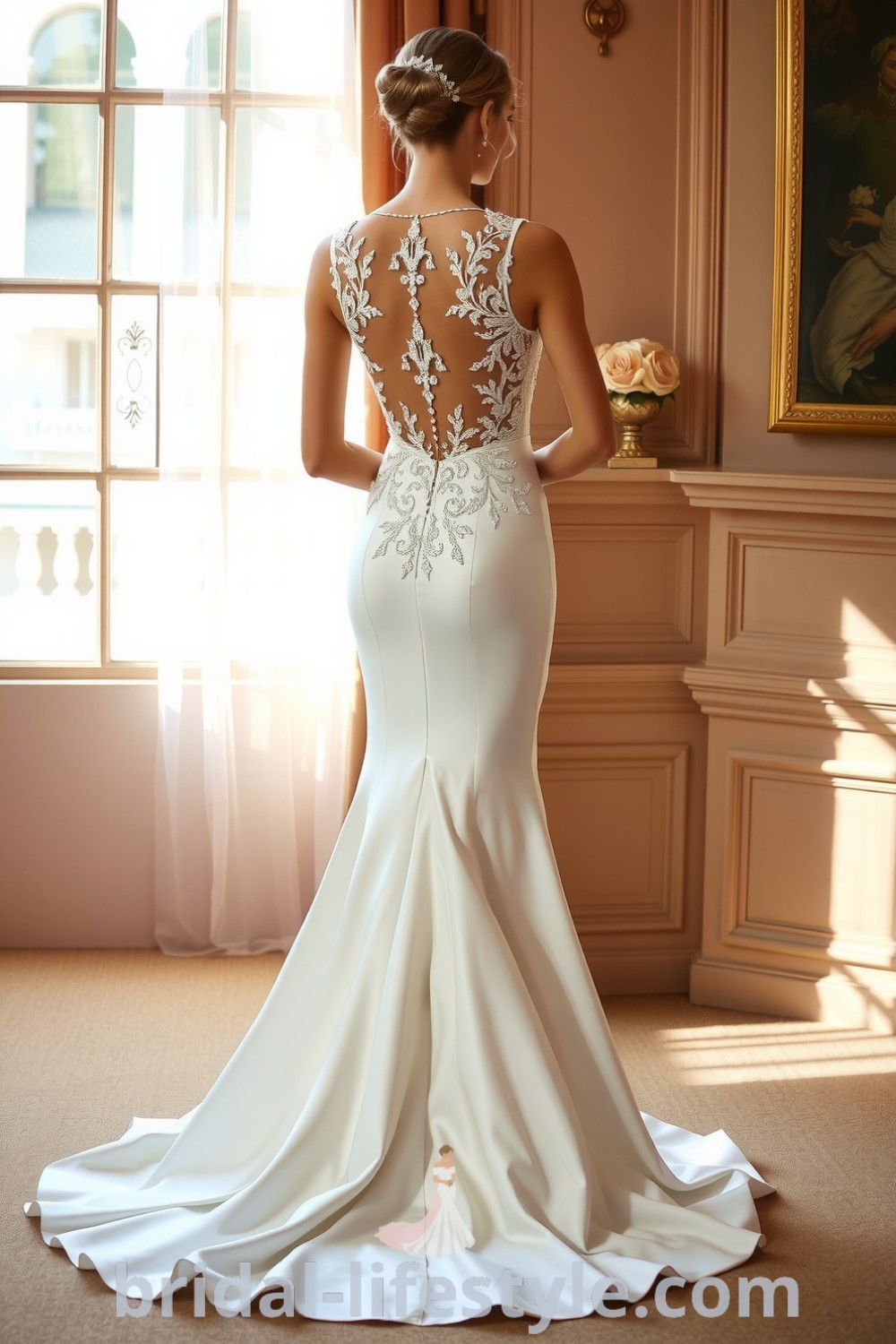 Elegant mermaid wedding dress with a sleek silhouette, luxurious satin fabric, open back with lace appliqués, and an elegant train, perfect for dreamy brides. bridal-lifestyle.com