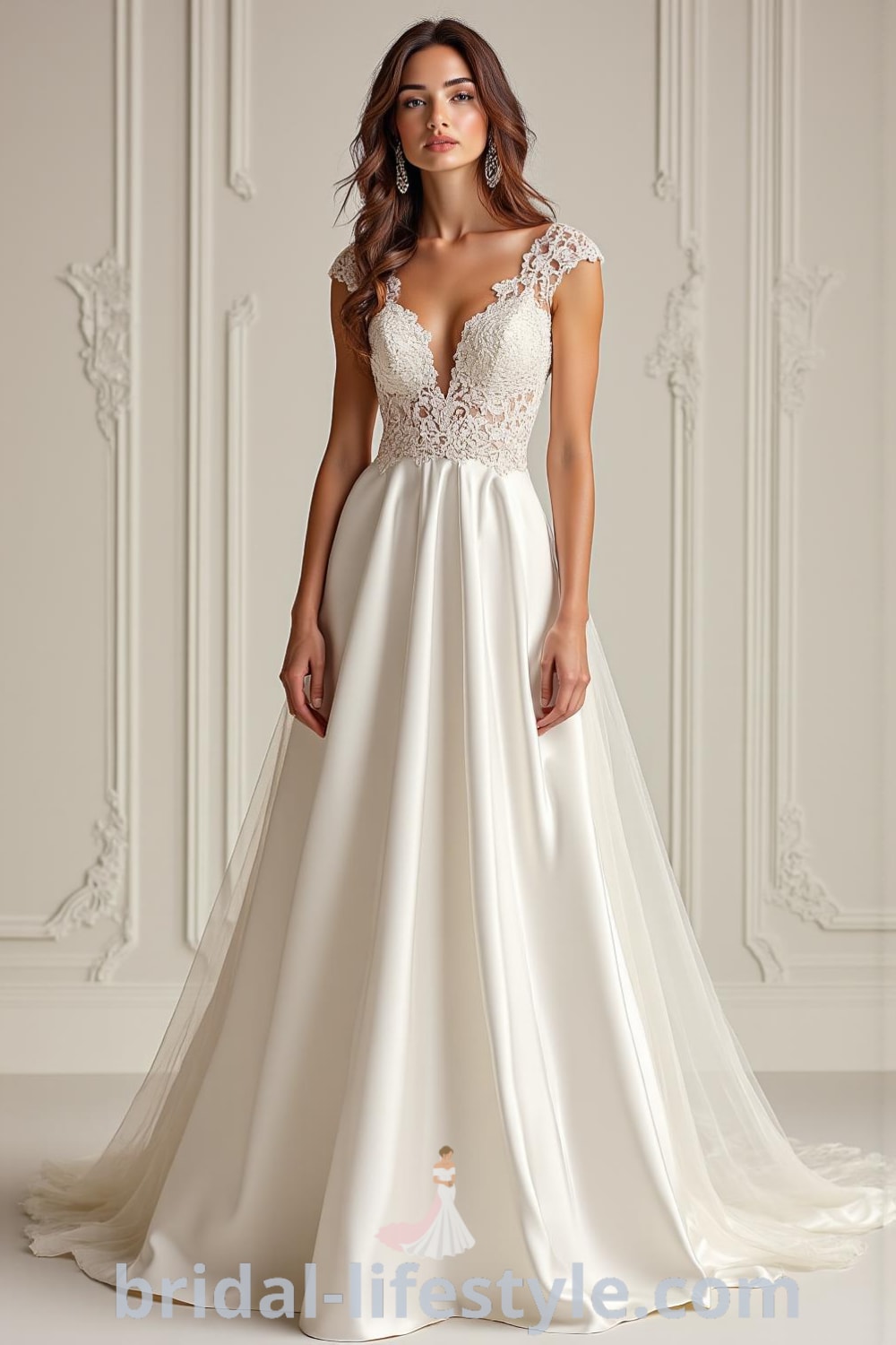 A-line wedding dress with V-neckline, luxurious satin fabric, intricate lace appliqués, and a sheer embroidered overlay, showcasing a flowing silhouette. bridal-lifestyle.com