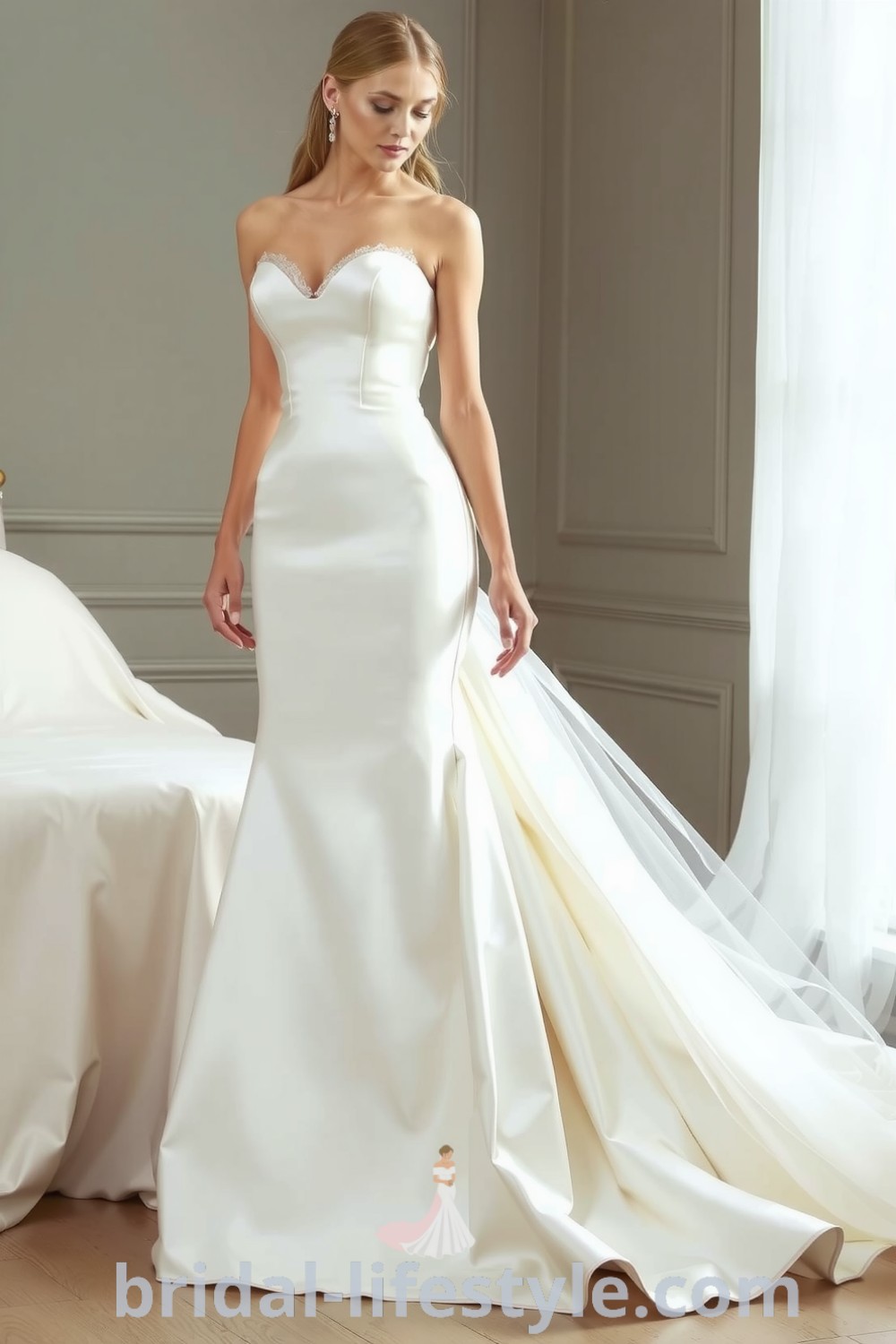 Elegant mermaid wedding dress featuring luxurious satin fabric, intricate lace sweetheart neckline, and a detachable tulle skirt for dramatic movement, ideal for dreamy brides. bridal-lifestyle.com