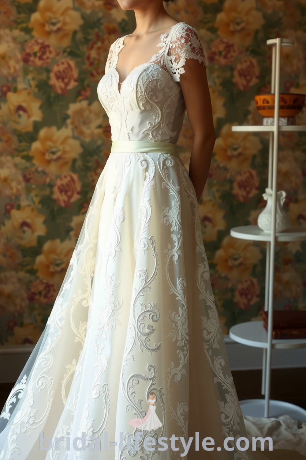 Vintage lace wedding gown with intricate floral patterns, satin underlay, and delicate cap sleeves, creating an elegant silhouette. bridal-lifestyle.com