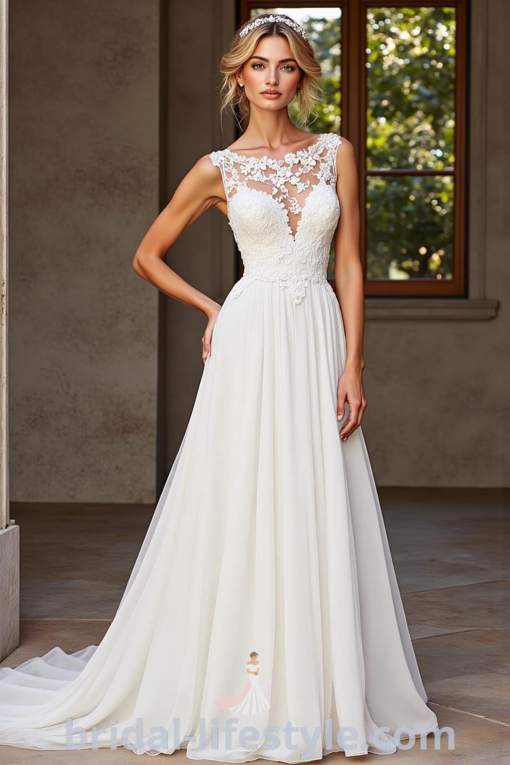 A-line wedding dress with intricately detailed lace bodice, flowing chiffon skirt, and an illusion neckline accented with floral lace motifs, showcasing a subtle train. bridal-lifestyle.com
