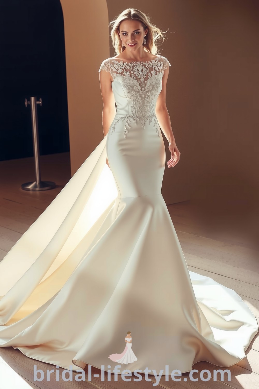 Stunning mermaid wedding dress crafted from rich satin, featuring a fitted bodice with intricate lace appliqués and a detachable skirt for versatility. Ideal for dreamy brides, this gown offers elegant aesthetic ideas for the special day. bridal-lifestyle.com