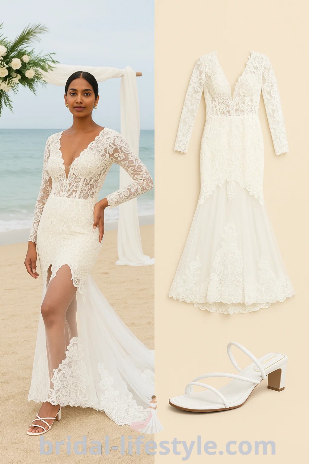 Elegant boho beach wedding dress featuring a lace design, long sleeves, and mermaid silhouette with strappy block heel sandals. Ideal for casual and formal weddings, perfect for bohemian and rustic themes. Visit pinshoesoutfits.com for more outfit ideas.