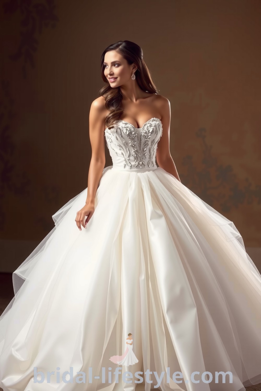 Princess-style wedding dress with shimmering satin and tulle layers, featuring a sweetheart neckline and glitter embellishments, designed for dreamy brides. bridal-lifestyle.com