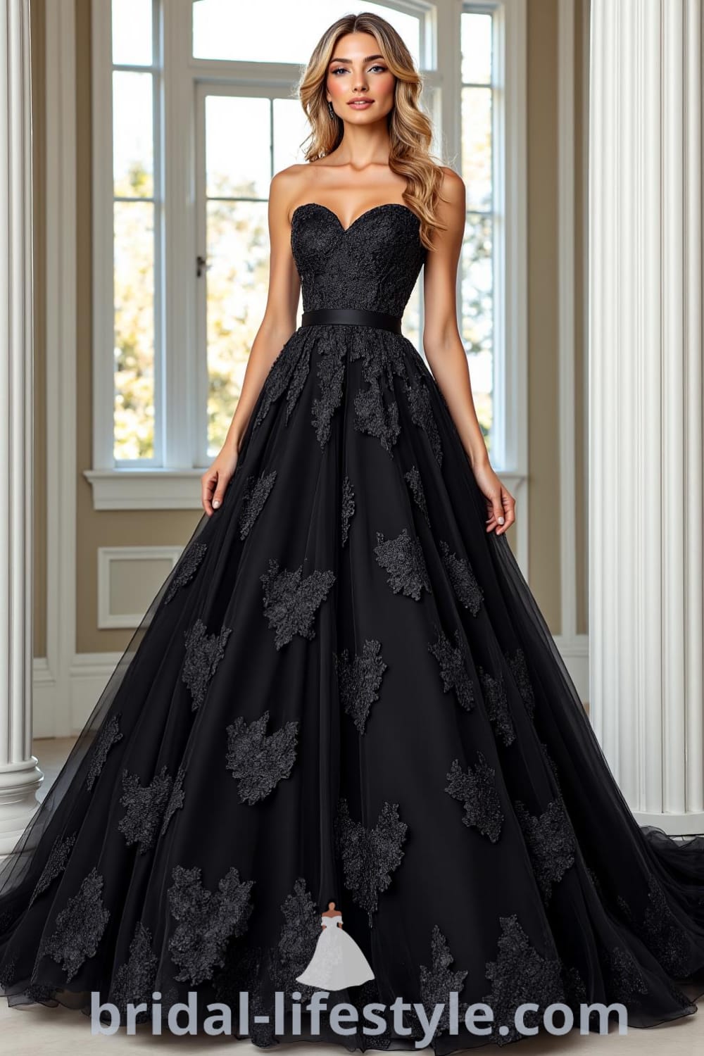 A breathtaking princess black wedding dress with a fitted bodice, intricate black lace appliqués, a voluminous tulle skirt, and a satin ribbon at the waist. bridal-lifestyle.com