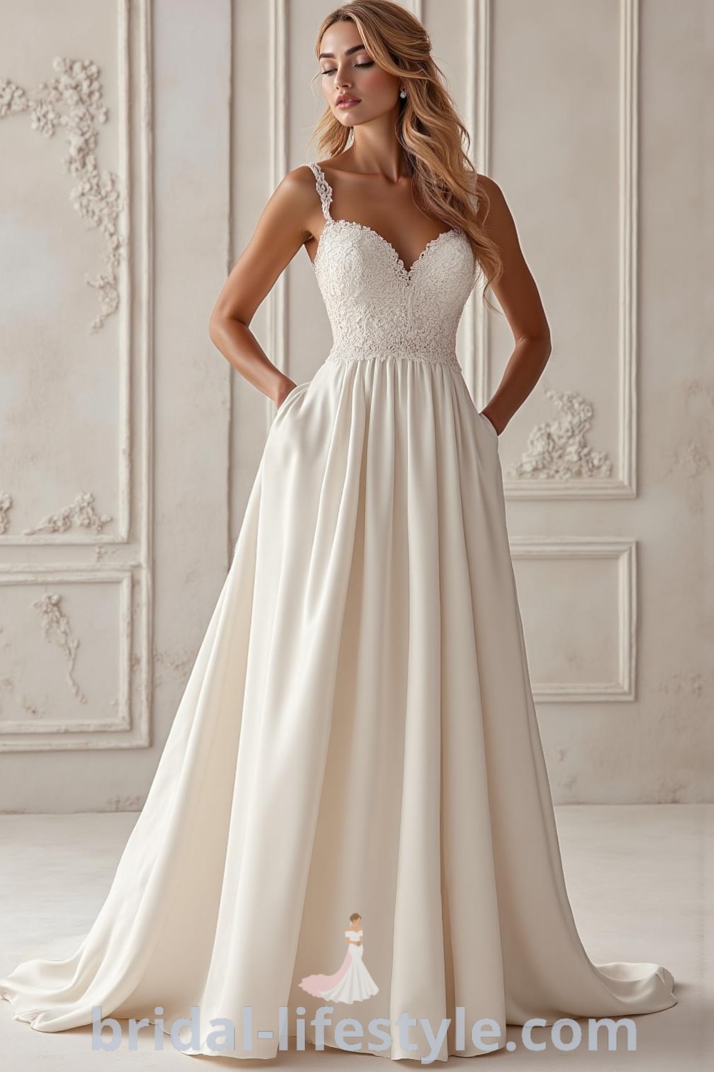 A-line satin wedding dress with delicate embroidery, sweetheart neckline, and a flowing skirt that reflects light beautifully. bridal-lifestyle.com