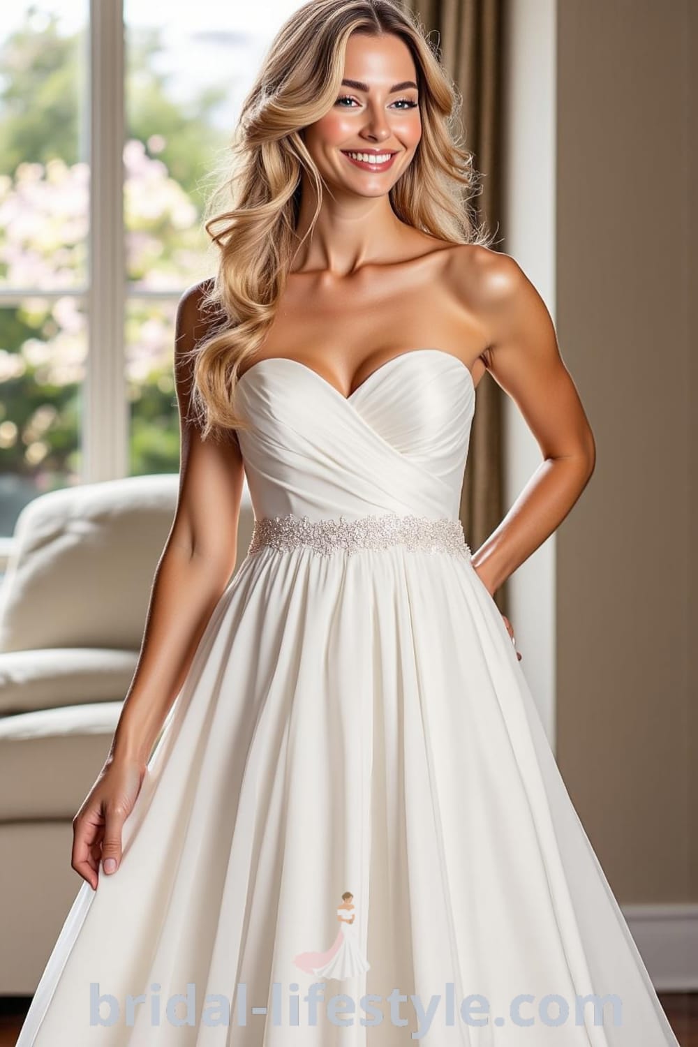Elegant strapless A-line wedding dress with satin bodice, chiffon skirt, sweetheart neckline, and lace appliqués at the waist. bridal-lifestyle.com
