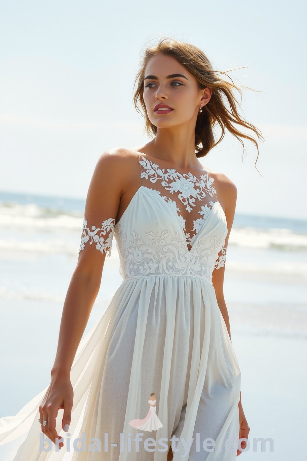 A dreamy boho beach wedding dress with ethereal lace, floral embroidery, and flowing chiffon. The relaxed A-line silhouette is perfect for brides seeking elegance and romance. bridal-lifestyle.com