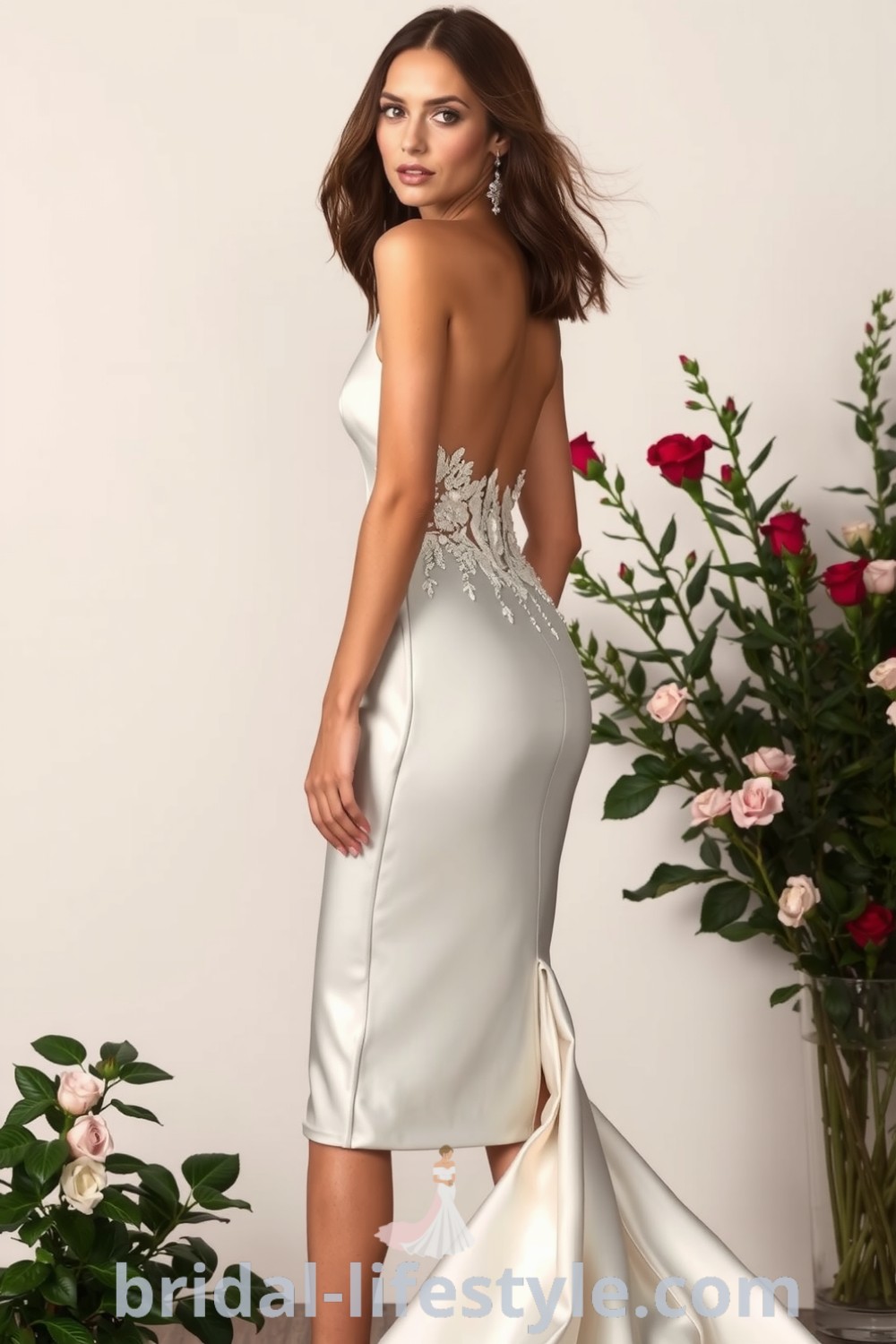 Elegant mermaid wedding dress crafted from luxurious satin with intricate lace embellishments for a romantic touch, ideal for modern brides. bridal-lifestyle.com