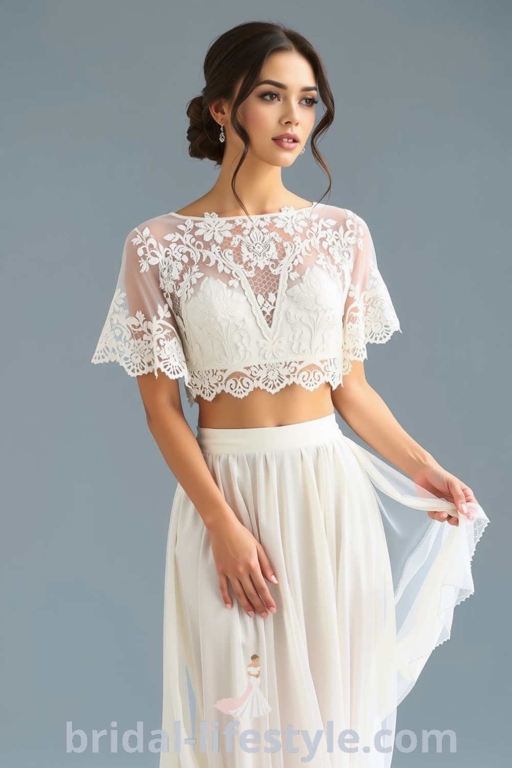 Elegant boho two-piece wedding dress with lace detailing, cropped floral lace top, and soft chiffon skirt designed for beach or outdoor celebrations. bridal-lifestyle.com