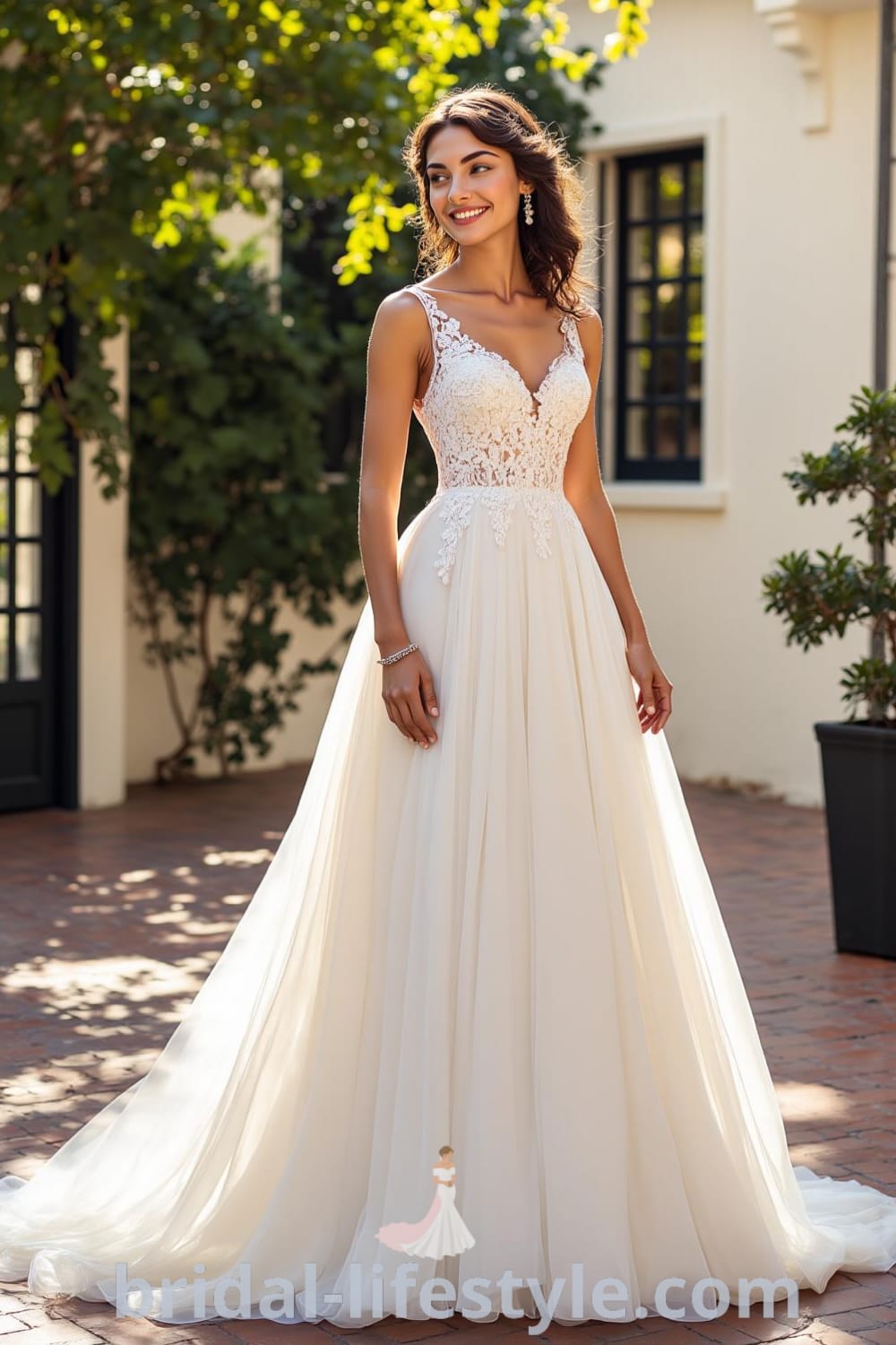 A-line wedding dress with satin bodice, chiffon skirt, flattering V-neckline, and lace appliqués at the waist. bridal-lifestyle.com