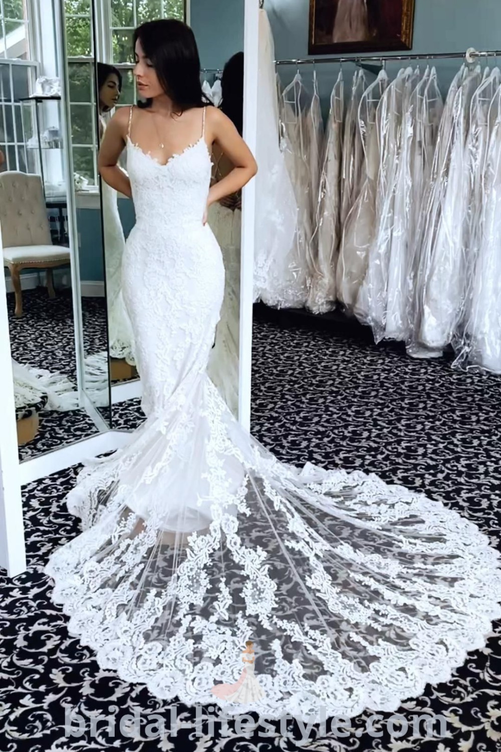 A stunning mermaid wedding dress with straps and a sweep train, showcasing fitted elegance and perfect for the special day. This gown is a top choice for brides seeking romantic styles and the latest trends. Find your dream dress at bridal-lifestyle.com.