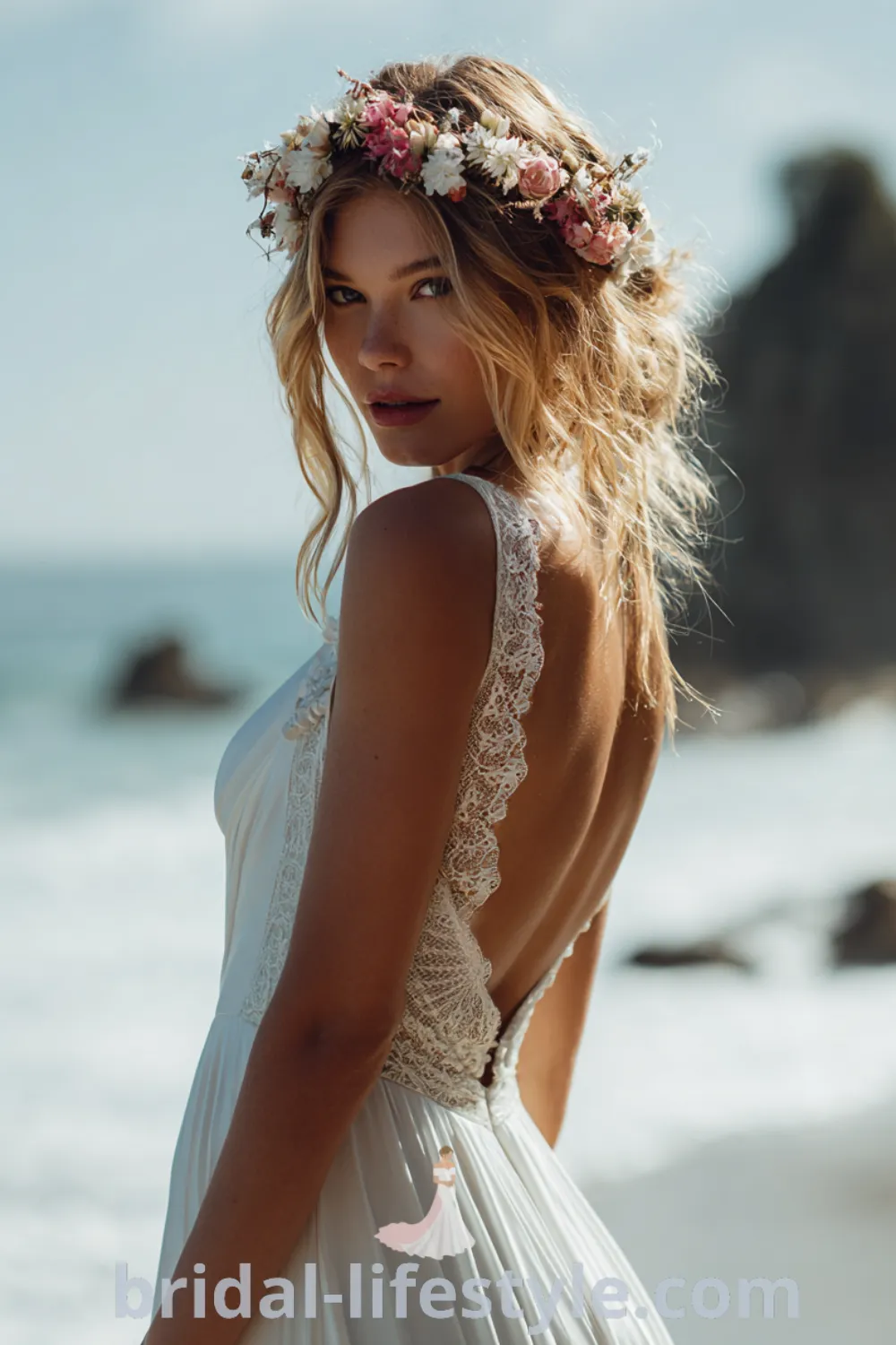 Bohemian beach wedding dress with crochet lace overlay, flowy beach gown, relaxed bridal look, natural makeup bridal.