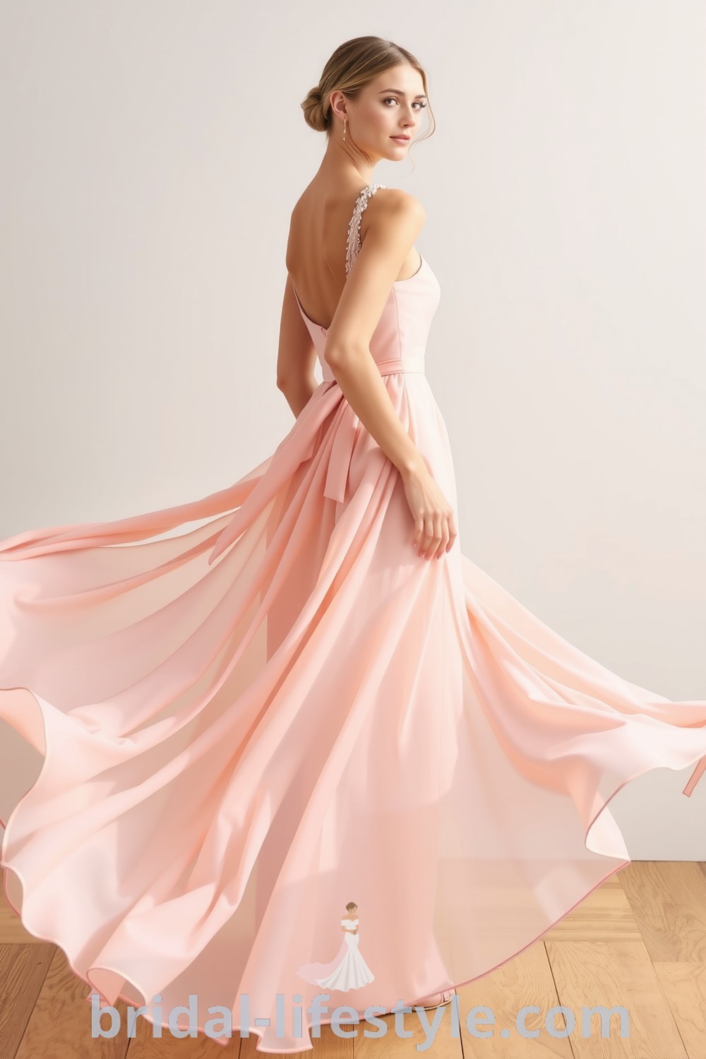 Elegant long chiffon A-line bridesmaid dress featured on bridal-lifestyle.com showcases its dreamy silhouette and refined fit, perfect for every brides unique taste and aesthetic ideas for the special day.