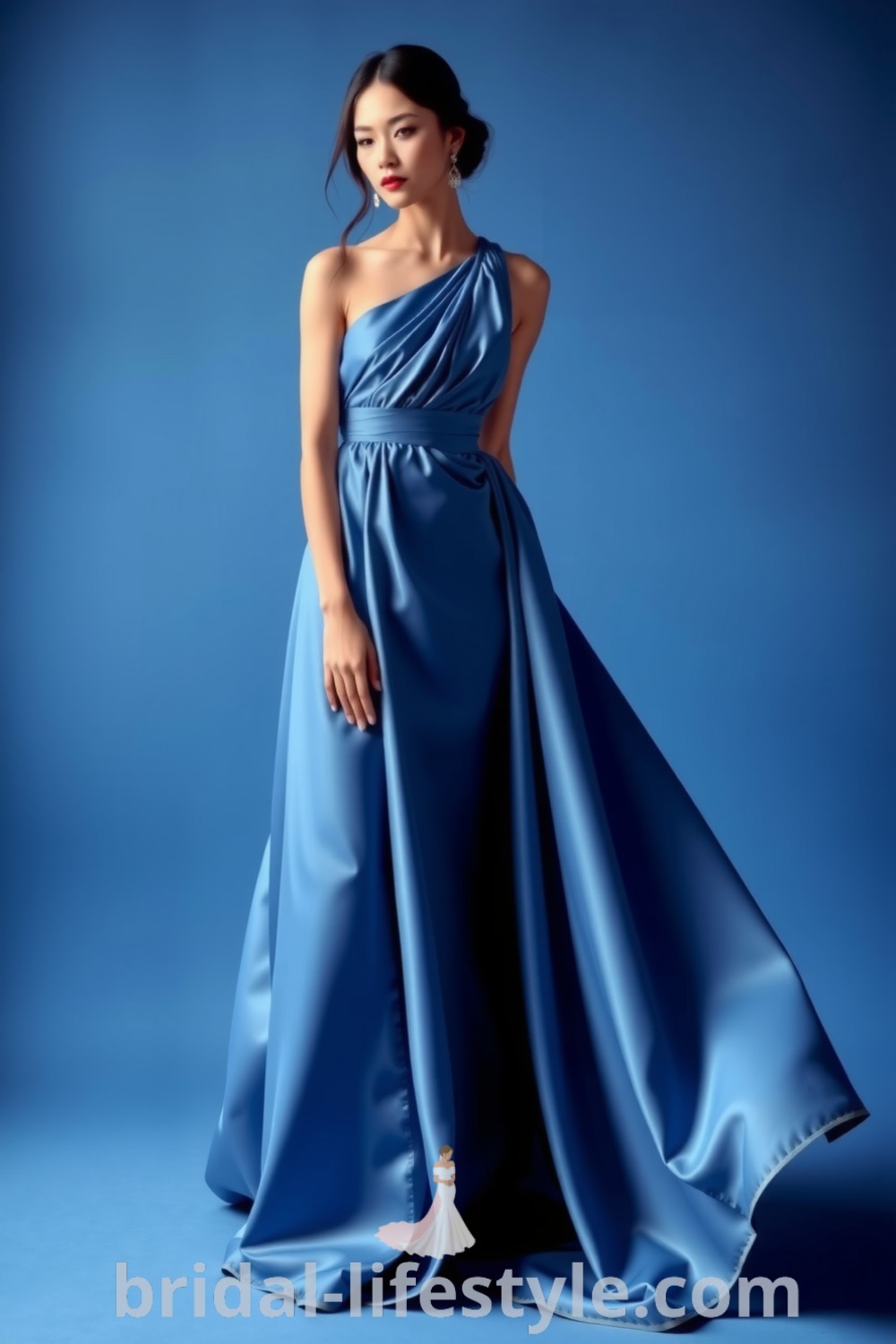 Elegant one-shoulder blue bridesmaid dress made of flowing satin with an asymmetrical neckline and delicate draping, embodying romance and sophistication for every bride