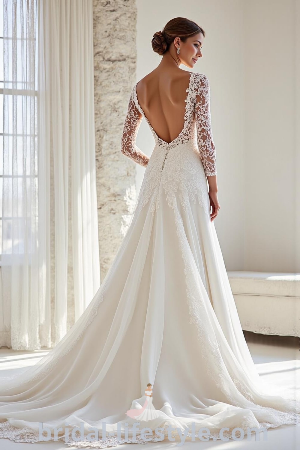 A-line wedding dress with long lace sleeves, intricate floral appliqués on the bodice, a soft satin skirt, and a subtle scoop back. bridal-lifestyle.com