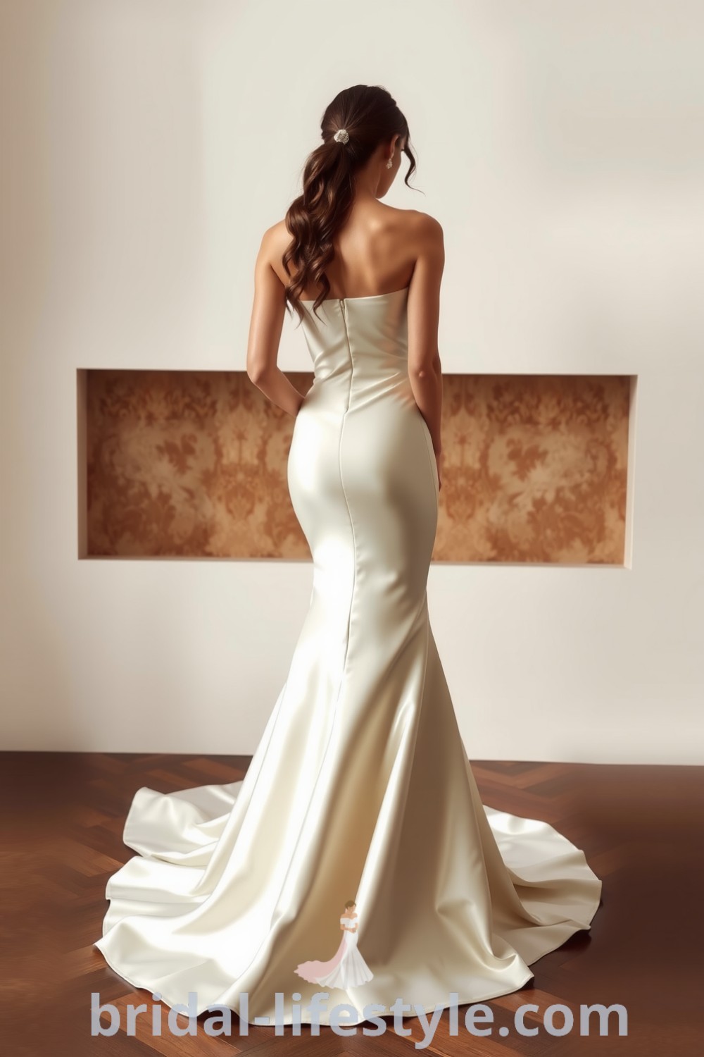 Mermaid satin wedding gown with a sleek silhouette and subtle flared hem, featuring minimalistic detailing for elegant simplicity. bridal-lifestyle.com