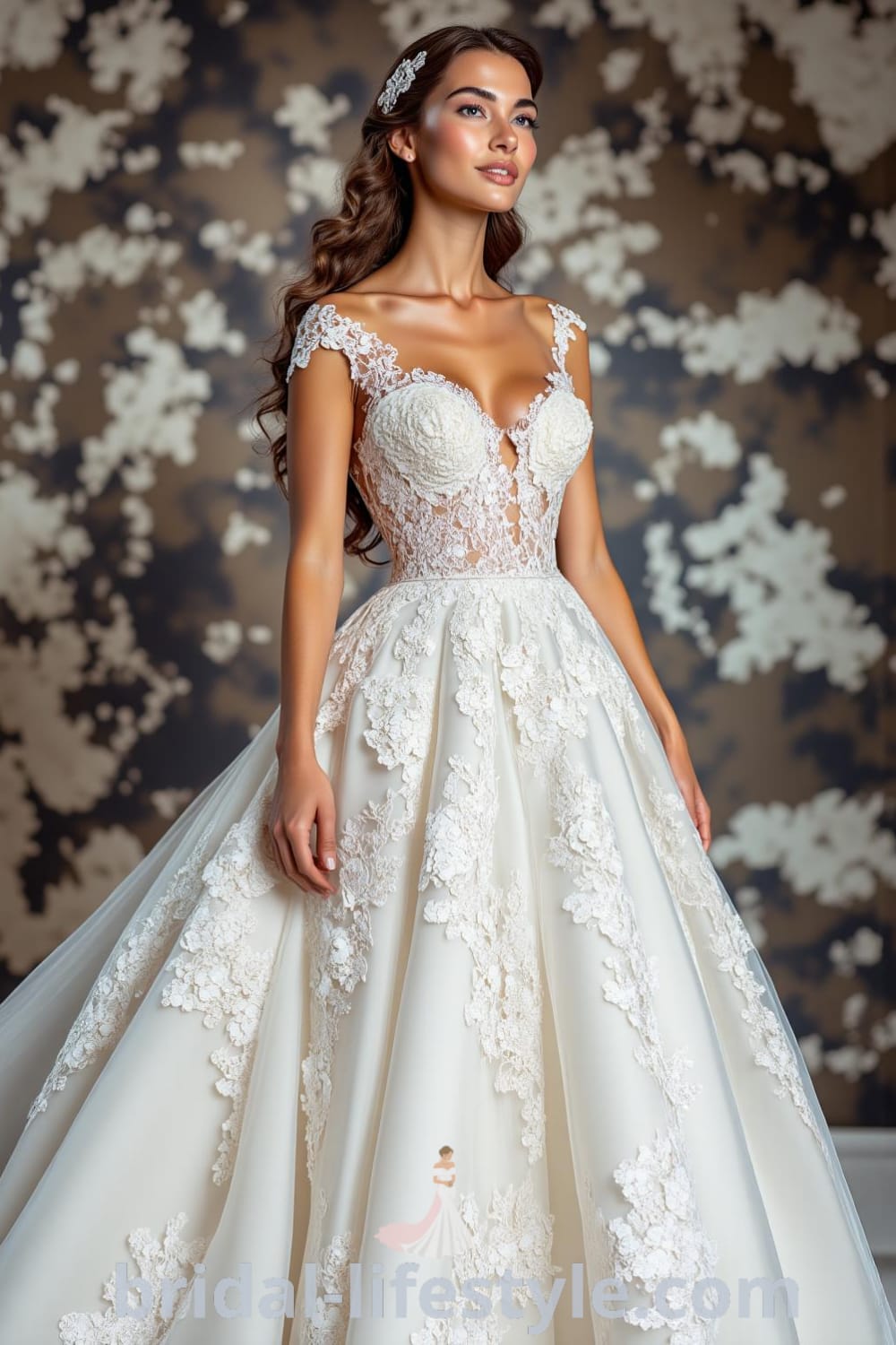 A-line wedding dress with intricate lace overlays, satin lining, sweetheart neckline, and floral lace appliqués along the waist. Bridal-lifestyle.com