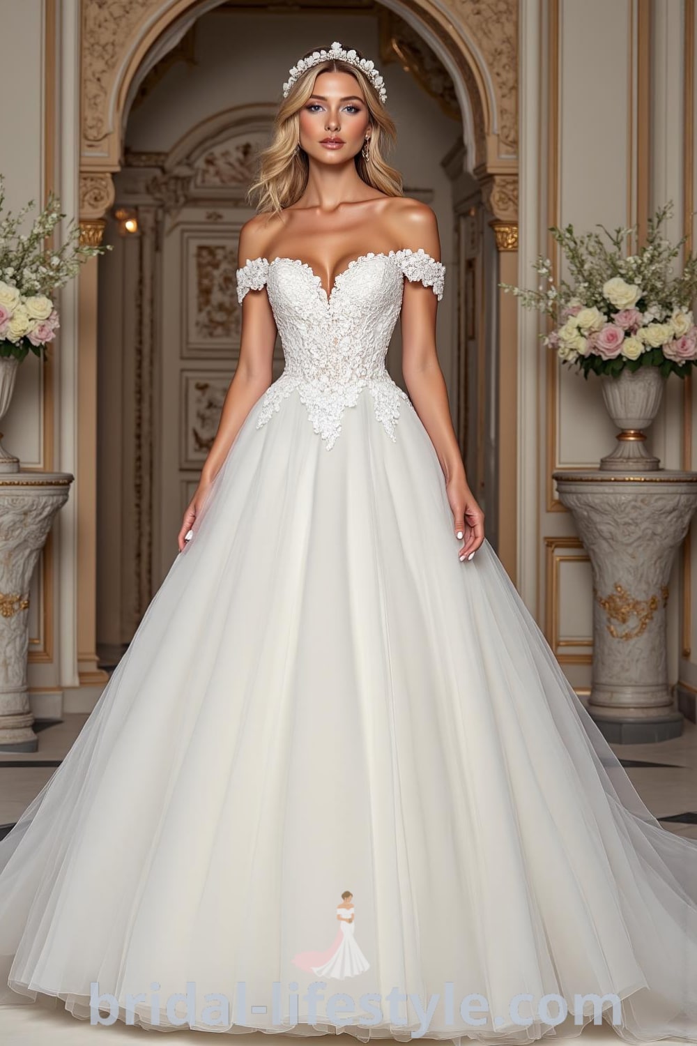 A stunning Princess Tail wedding dress with a fitted bodice, intricate lace details, soft tulle skirt, and voluminous train, featuring an off-the-shoulder neckline. bridal-lifestyle.com